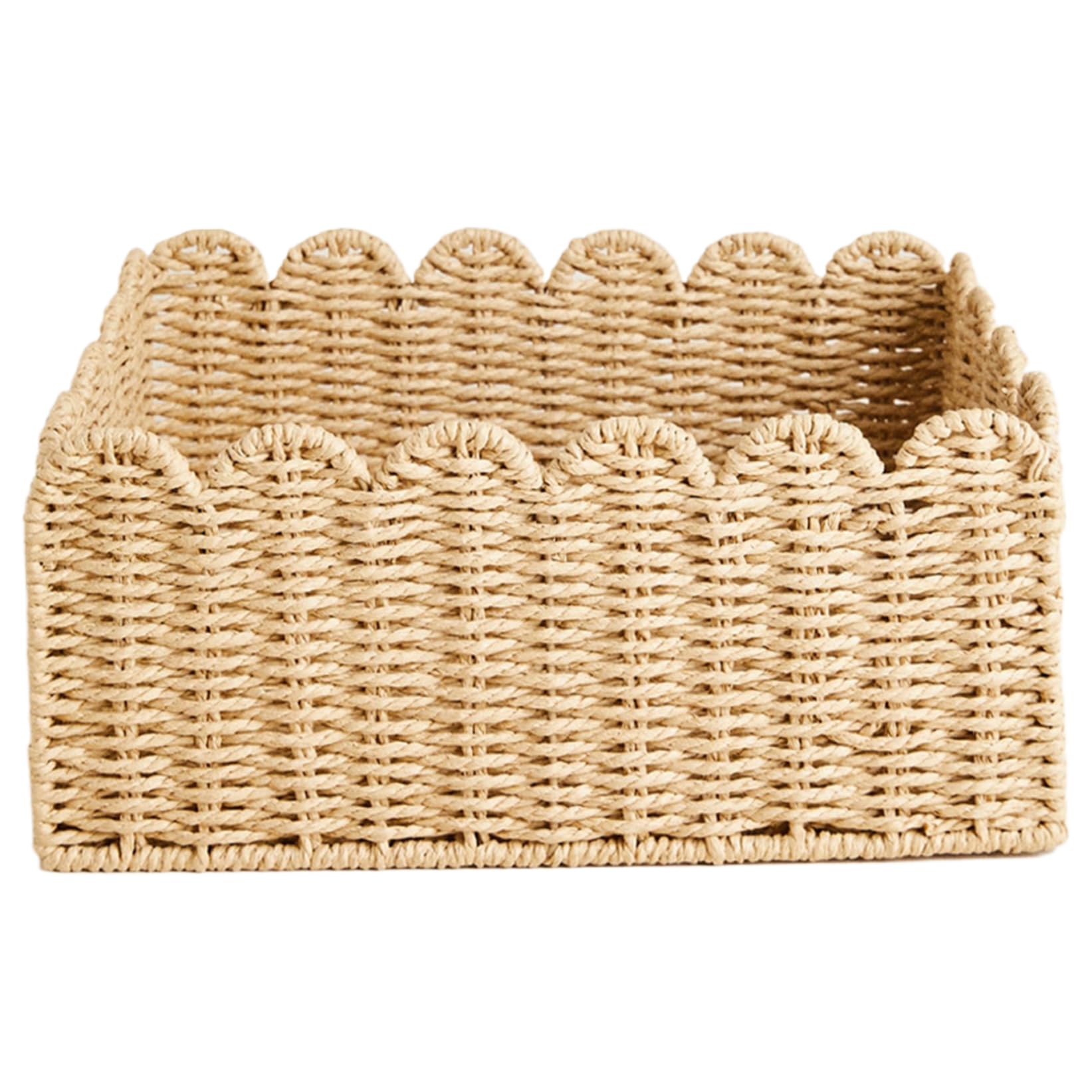 BEAHING Scalloped Basket, 14.2x10.6x5.9 Wicker Basket, Recycled Paper Rope Woven Storage for Kitchen Bathroom, Decorative Pantry Baskets for Organizing