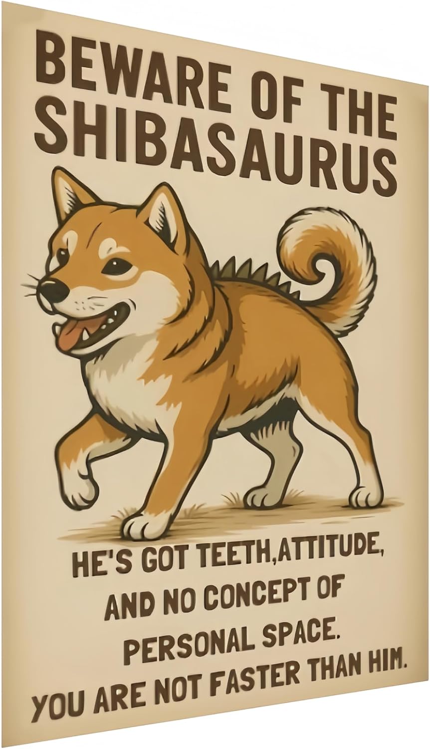 Vintage Dinosaur Shiba Inu Tin Sign, Fun Wall Art for Indoor and Outdoor Decor - Beware of Animals Decorative Metal Poster 12x8 Inch