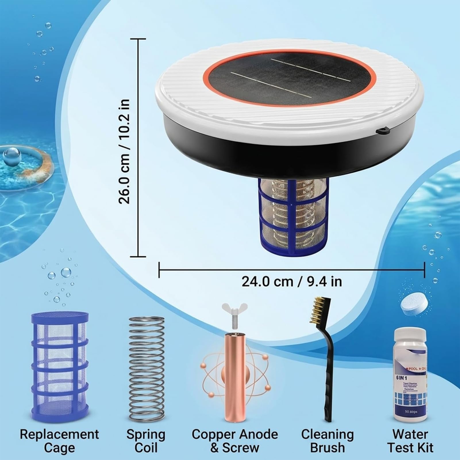 Solarny Jonizator Basenowy, Miedziany Jonizator Basenowy z Paskami Testowymi i Szczotką do Czyszczenia, Pływający Oczyszczacz Wody Wodoodporny System Solarny z Miedzi IPX7 do Basenów Naziemnych