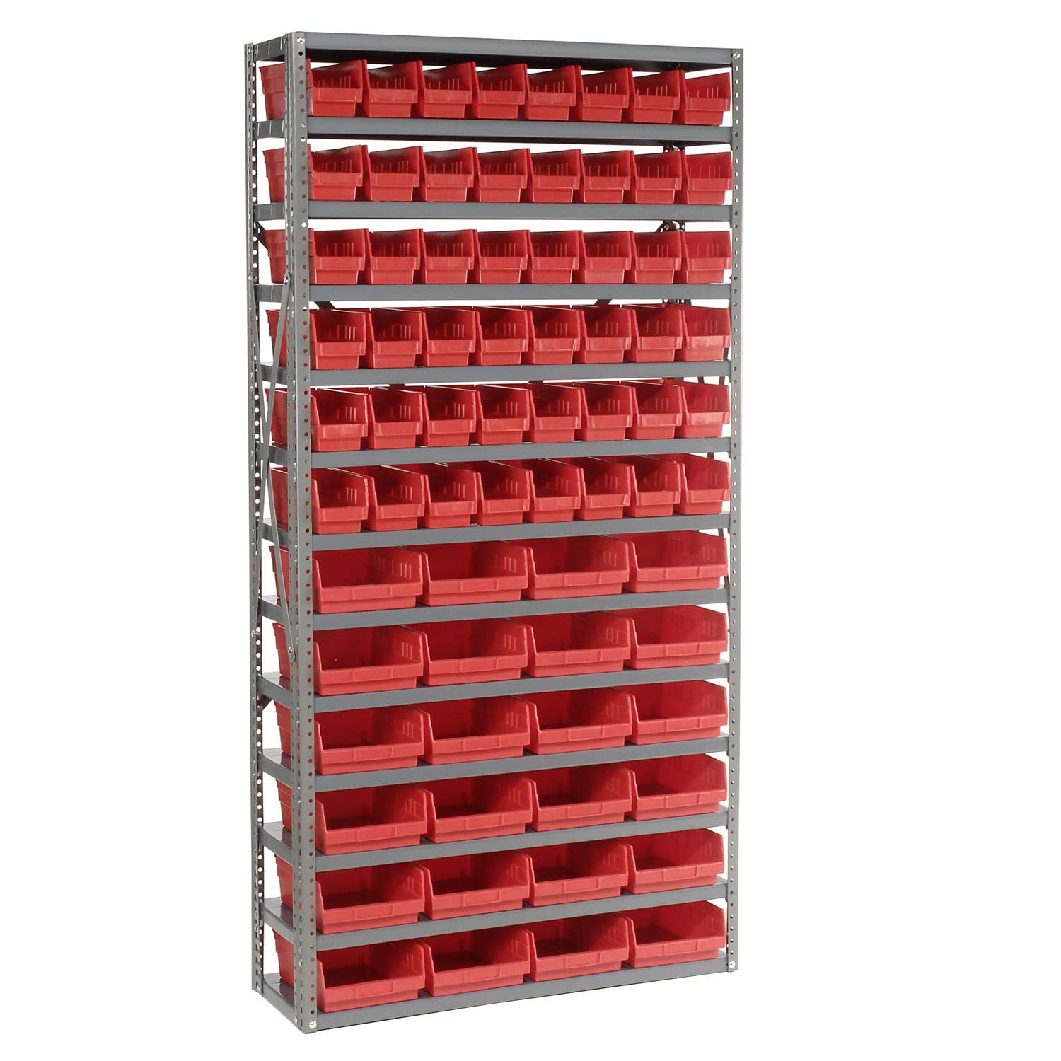 Global Industrial 13 Shelf Steel Shelving with (72) 4" H Plastic Shelf Bins, Red, 36x12x72