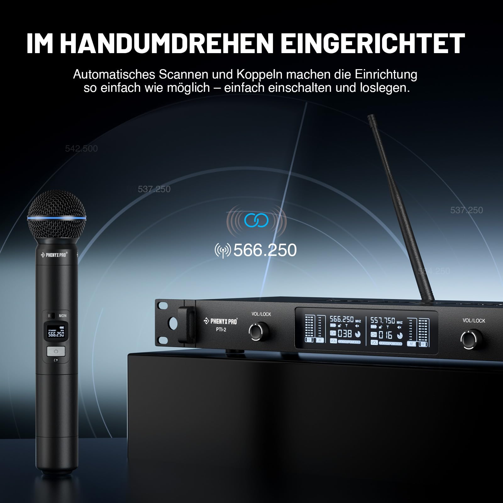 Phenyx Pro Dual UHF Auto Scan Talkback Funkmikrofon-System PTI-2-2H