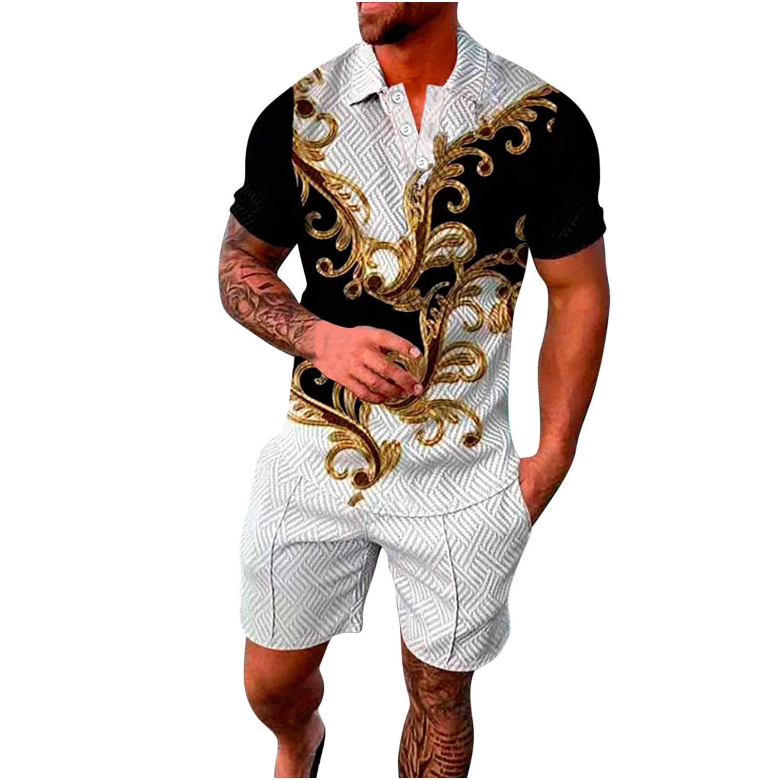 Generic 2024 Chándal Estampada para hombre de dos piezas de verano de 2 piezas conjuntos Botones Cuello Solapa Casual Bolsillos Comodidad Elástico Hawaiana Vacaciones Playa Suelta Moda running fitness
