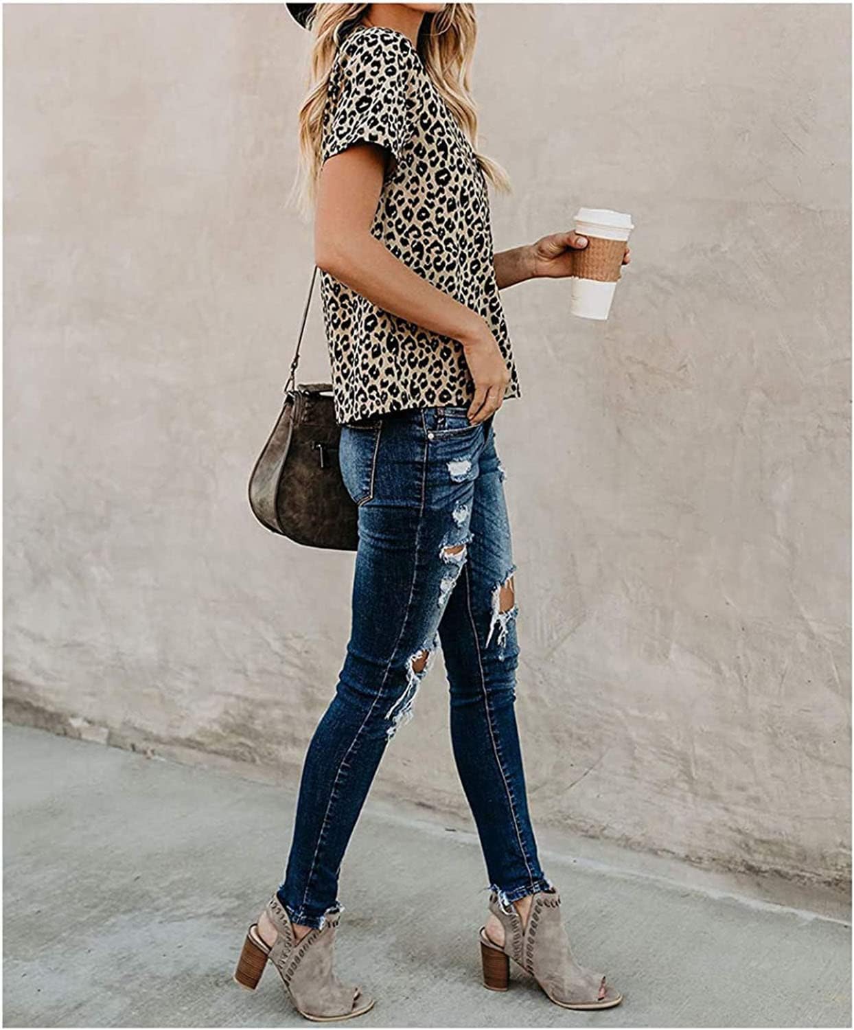 Leopard Print Tops for Women Long Sleeve Crew Neck Patchwork T Shirt Blouse - Image 3