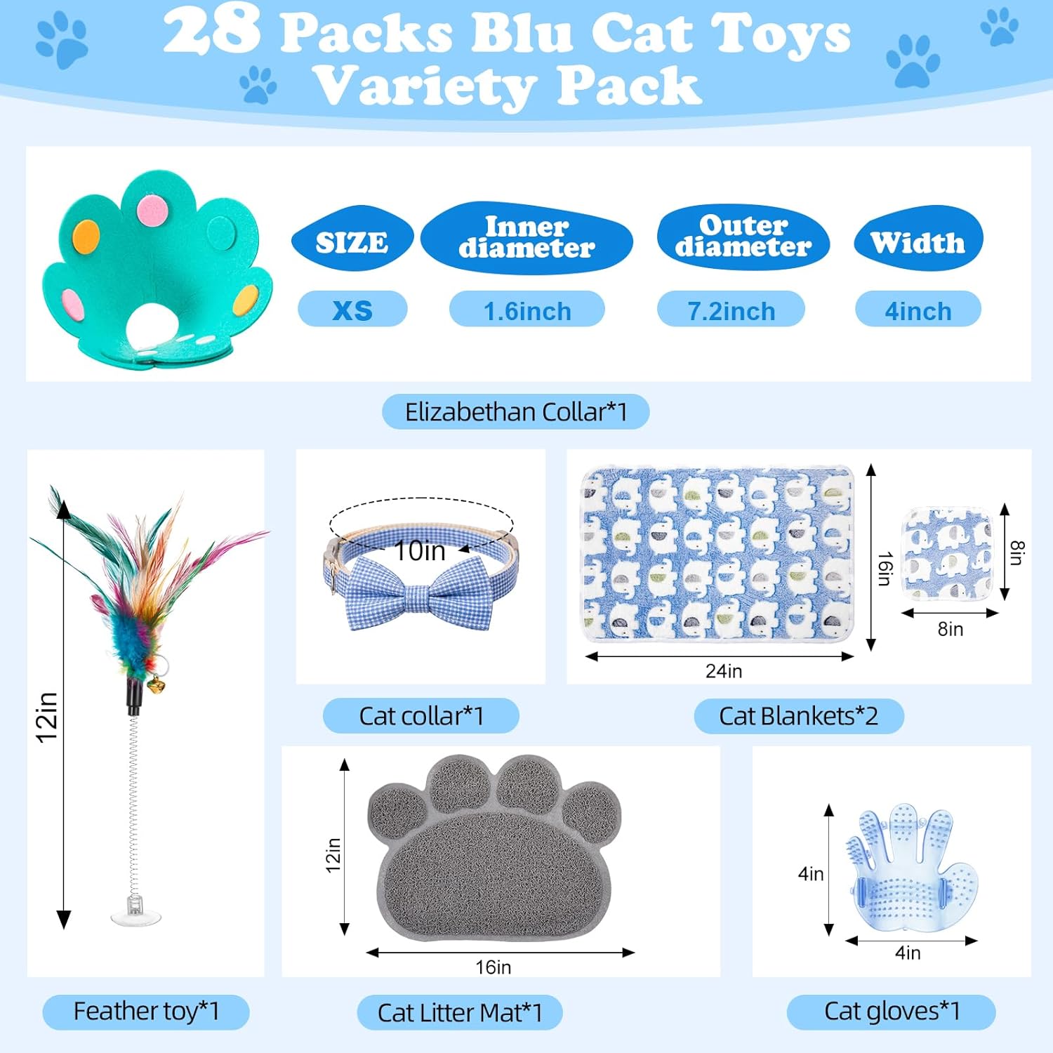 Leitee Kitten Starter Kit, 28 Pcs Cat Kitten Starter Kit Cats Essentials Set Includes Litter Box with Shovel, Toy, Paw Litter Mat, Collars, Nail File, Cat Bottle, Blanket for Kittens Supplies (Blue)