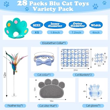 Leitee Kitten Starter Kit, 28 Pcs Cat Kitten Starter Kit Cats Essentials Set Includes Litter Box with Shovel, Toy, Paw Litter Mat, Collars, Nail File, Cat Bottle, Blanket for Kittens Supplies (Blue)
