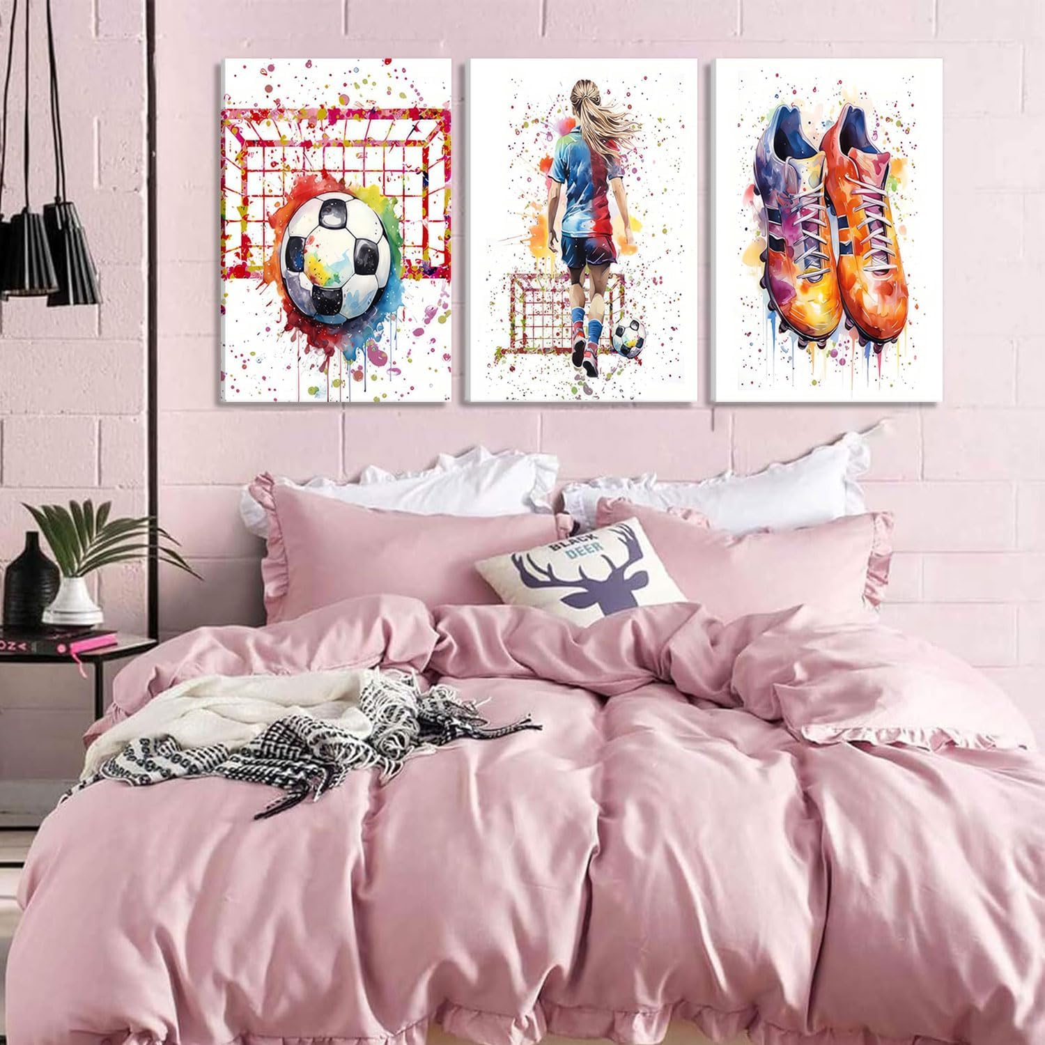 3Pcs Girl Graffiti Soccer Canvas Wall Art Colorful Sneakers Posters Prints Wall Decor Pictures Sports Theme Football Paintings for Bedroom Girls Room Teen Kids Playroom Artwork Home Decoration