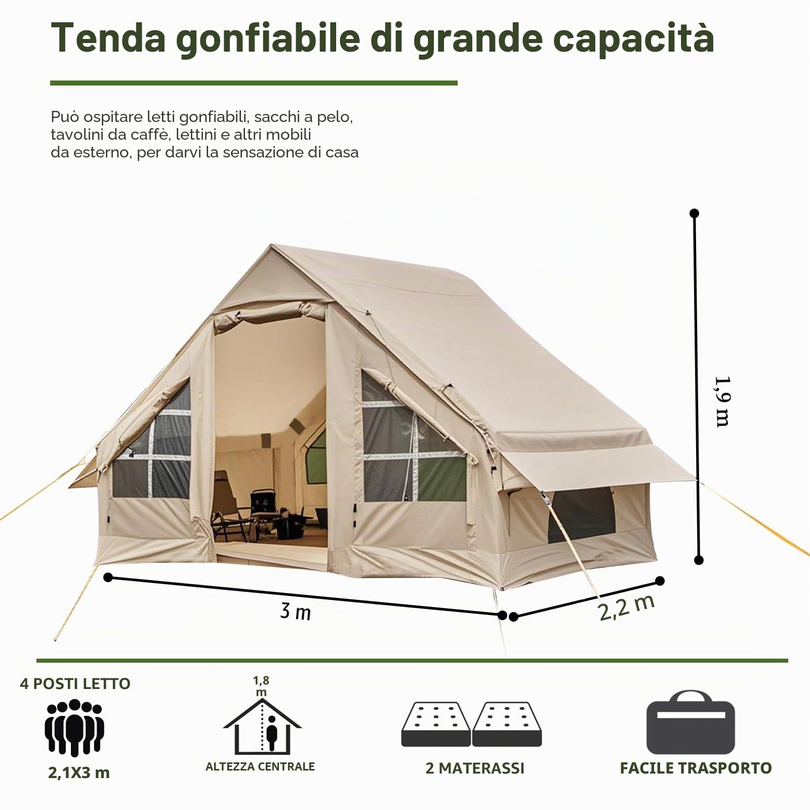 Tenda gonfiabile per campeggio 2/4/6/8 persone, grande tenda d'aria con parapioggia, tende gonfiabili di facile installazione, tende da campeggio
