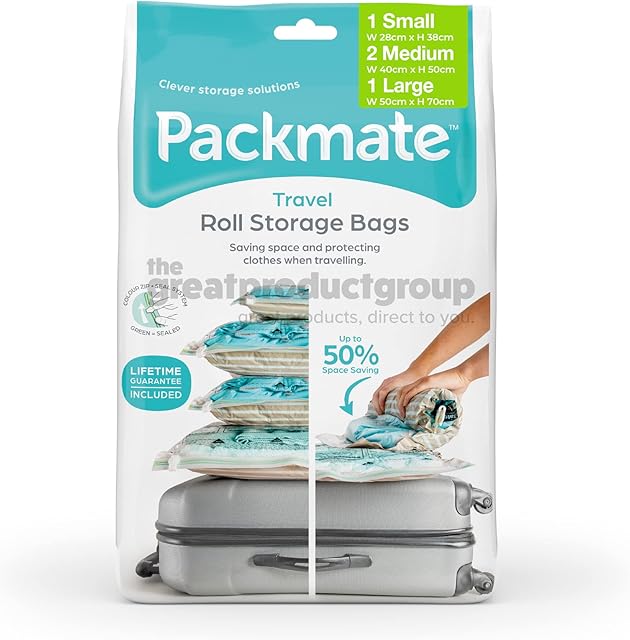 Packmate ¬ 4 Roll Up Travel Vacuum Space Saver Storage Bags For Holidays, Travelling, Large Suitcases & Rucksacks