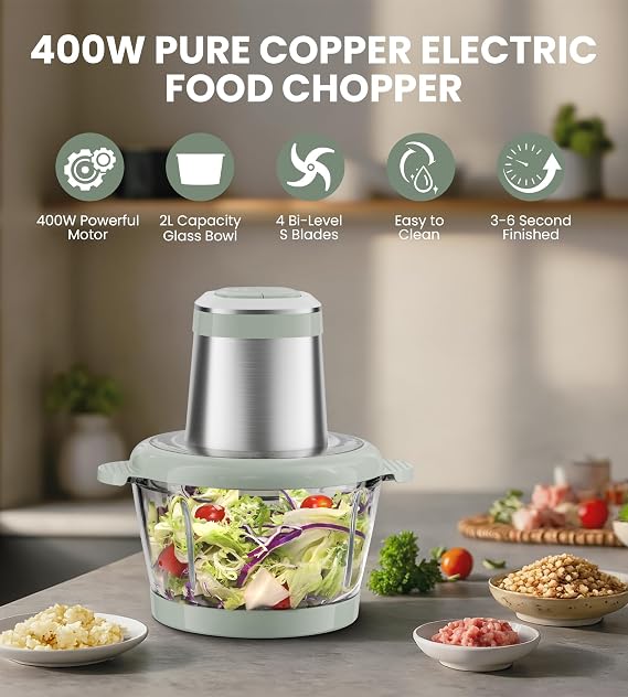 Electric Kitchen Chopper 400 W Pure Copper Motor Power Electric Multi Chopper with 2 L Glass Bowl and 4 Sharp Stainless Steel Blades for Meat Vegetables Nuts Baby Food