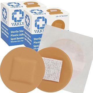 Vakly 200 Plastic Adhesive Round Circle Spot Bandages 7/8" Sterile Sheer Dot Bandage with Non-Stick Pad – for Small Wounds, Pimples, Vaccination & Blisters on Face, Hands & Arms – Packaging May Vary