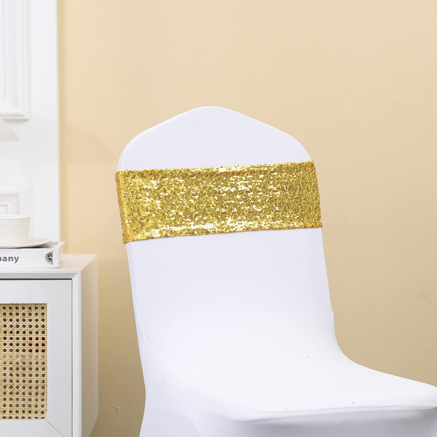 100 Pack Gold Sequin Chair Sashes for Wedding Decor, Glitter Chair Sash Bows Bands with Buckles for Party Birthday Christmas Anniversary Banquet Celebration Events Decorations