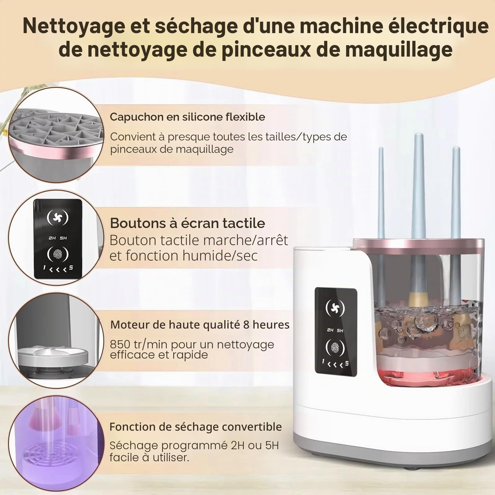 Nettoyeur Pinceau Maquillage,Machine Nettoyage Électrique avec Séchoir & Support - Laveur Pinceau Automatique USB pour Toutes Tailles Pinceaux Cosmétiques & Beauty Blender, Arrêt Auto 5 Min