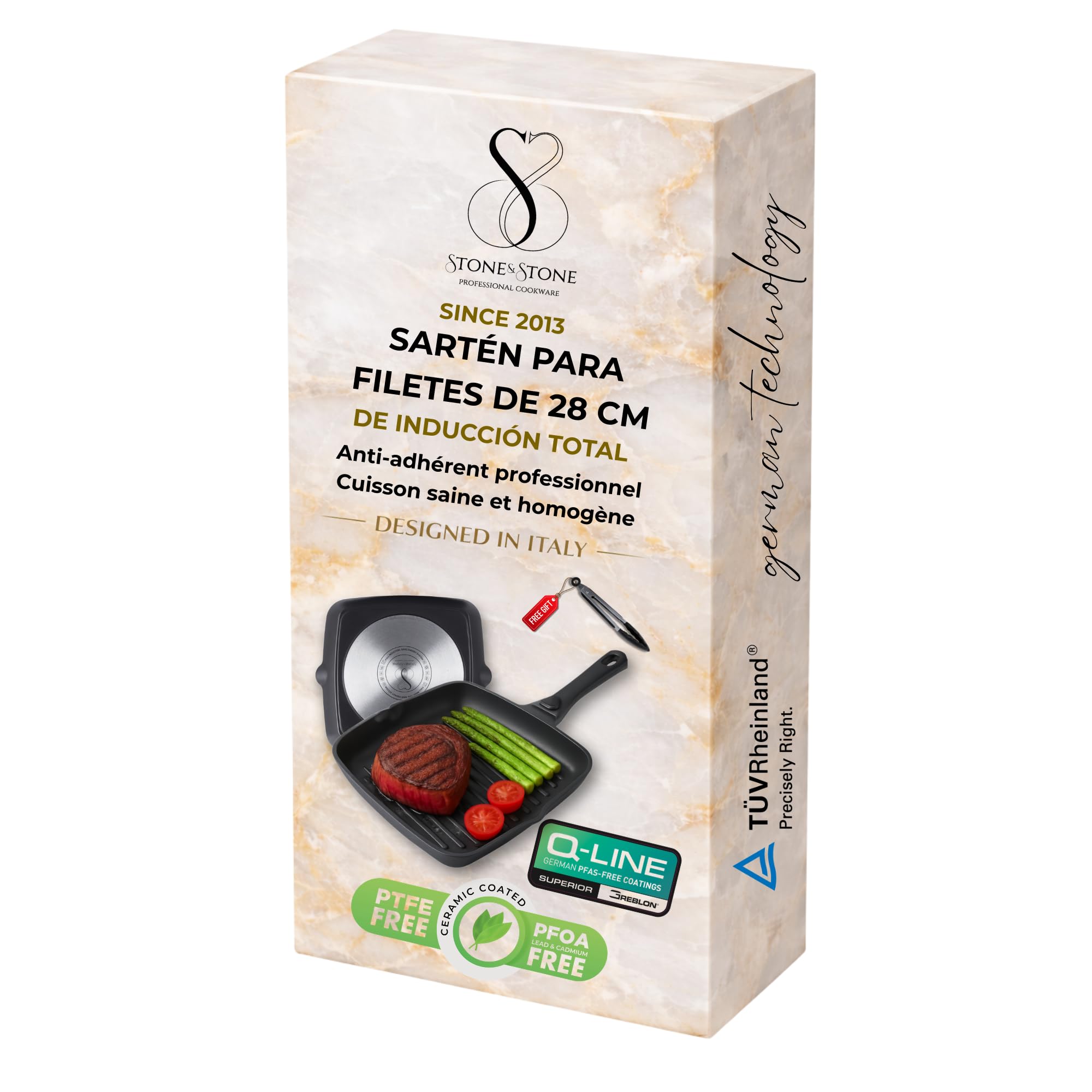 Stone&Stone Sartén Grill 28 cm Cuadrada Inducción Antiadherente con Mango Extraíble, Revestimiento Cerámico Alemán, Base de Acero Completo, Apta para Inducción, Gas y Horno, Sin PFAS, PFOA ni PTFE