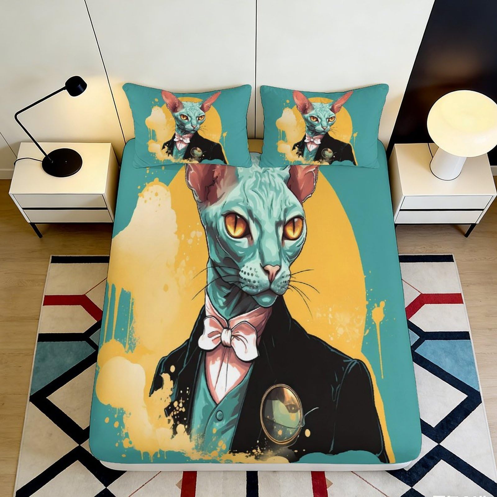 3D Printed Elegant Blue Cat Fitted Sheet Microfiber Artistic Portrait Bed Sheet for Bedroom Guest Room Decor Protection 90x200x25cm