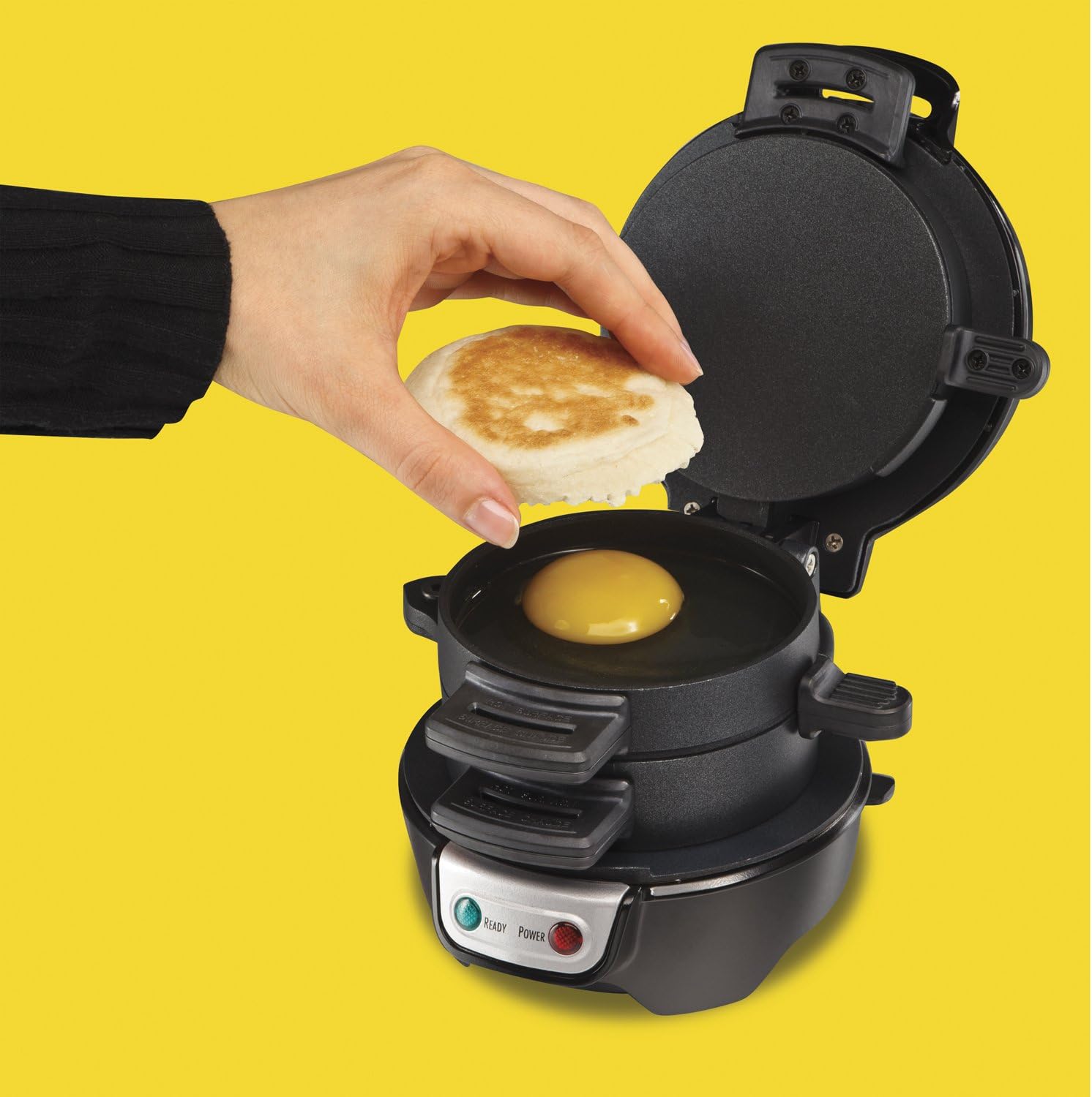 Hamilton Beach Breakfast Sandwich Maker with Egg Cooker Ring, Customize Ingredients, Perfect for English Muffins, Croissants, Mini Waffles, Black