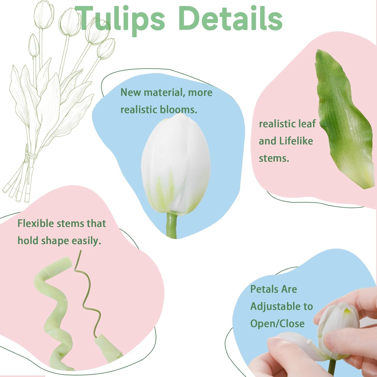 15 Pcs White Artificial Flowers Tulips Latex Plastic Soft Faux Bouquets for Party, Wedding, Home, Room, Garden Decor - Image 2