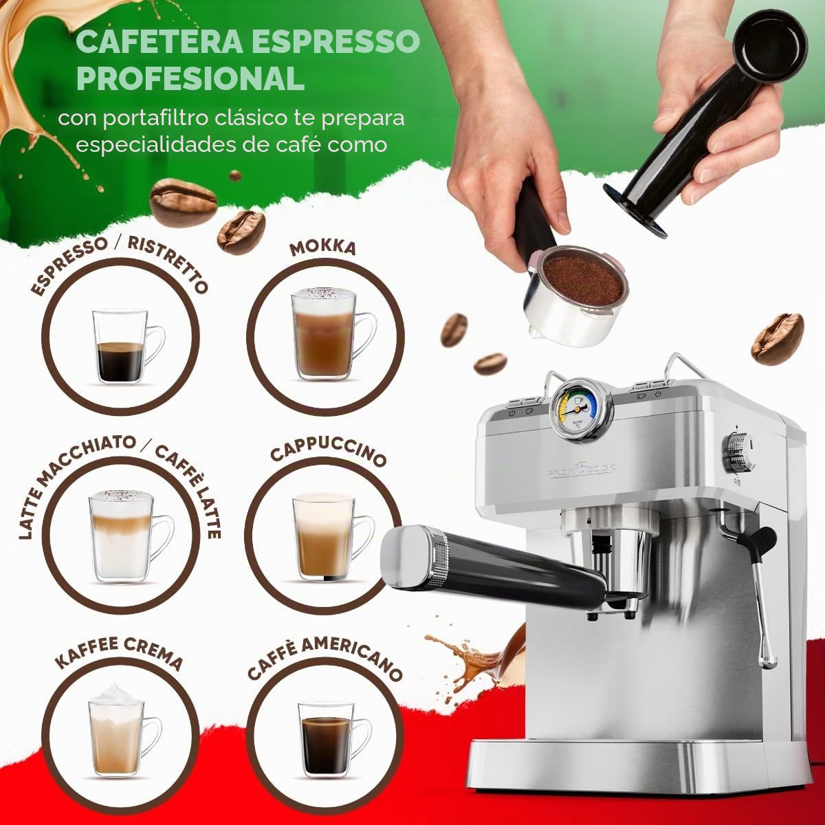 Cafetera espresso ProfiCook | cafetera espresso incl. portafiltro | bomba espresso italiana 20 bar | para café en polvo y cápsulas compatibles Nespresso | cafetera portafiltro | PC ES 1267