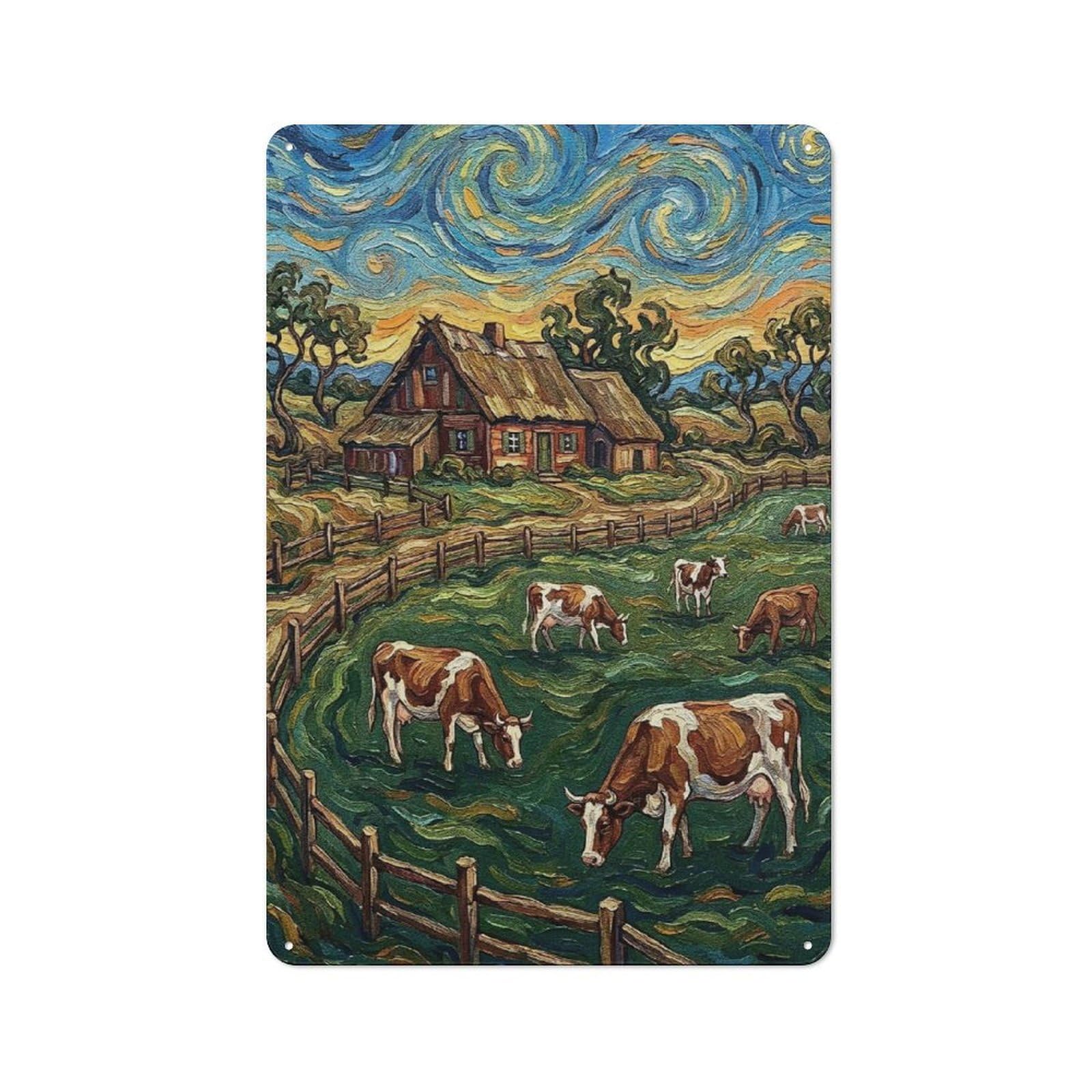 Junmoney Style-22 Tin Wall Plaque 30X20cm With Cows Grazing Near Farmhouse Painting For Guest Room Or Hallway, For Updating Guest Room And Hallway After Moving