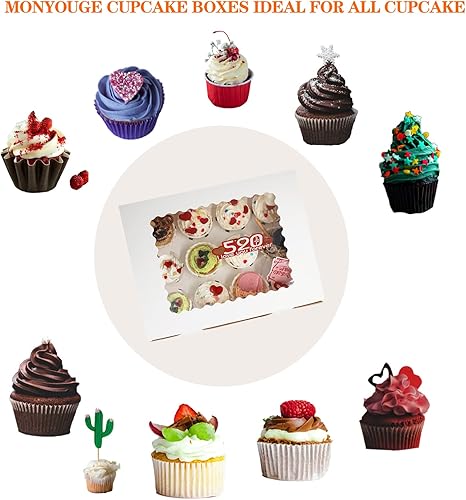 Miniatura 3 de MonYouGe Juego de 20 cajas para cupcakes a granel con ventana transparente para 12 cupcakes estándar, contenedor desechable de grado alimenticio