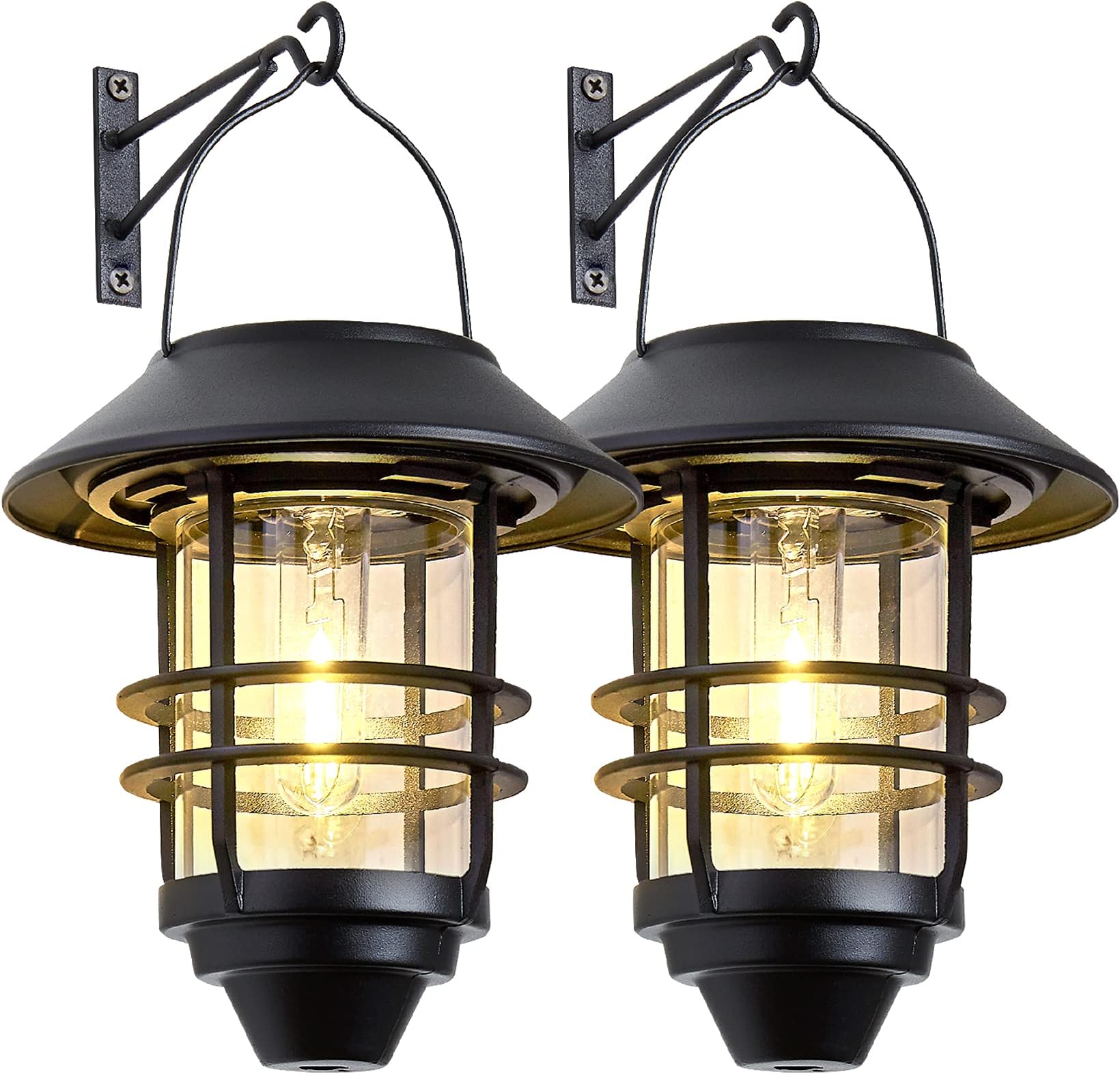 DerynomeSolar Lantern Outdoor Lights, Hanging Wireless Waterproof Lantern Lights with Wall Mount Kit for Garden Porch Fence 2 Pack