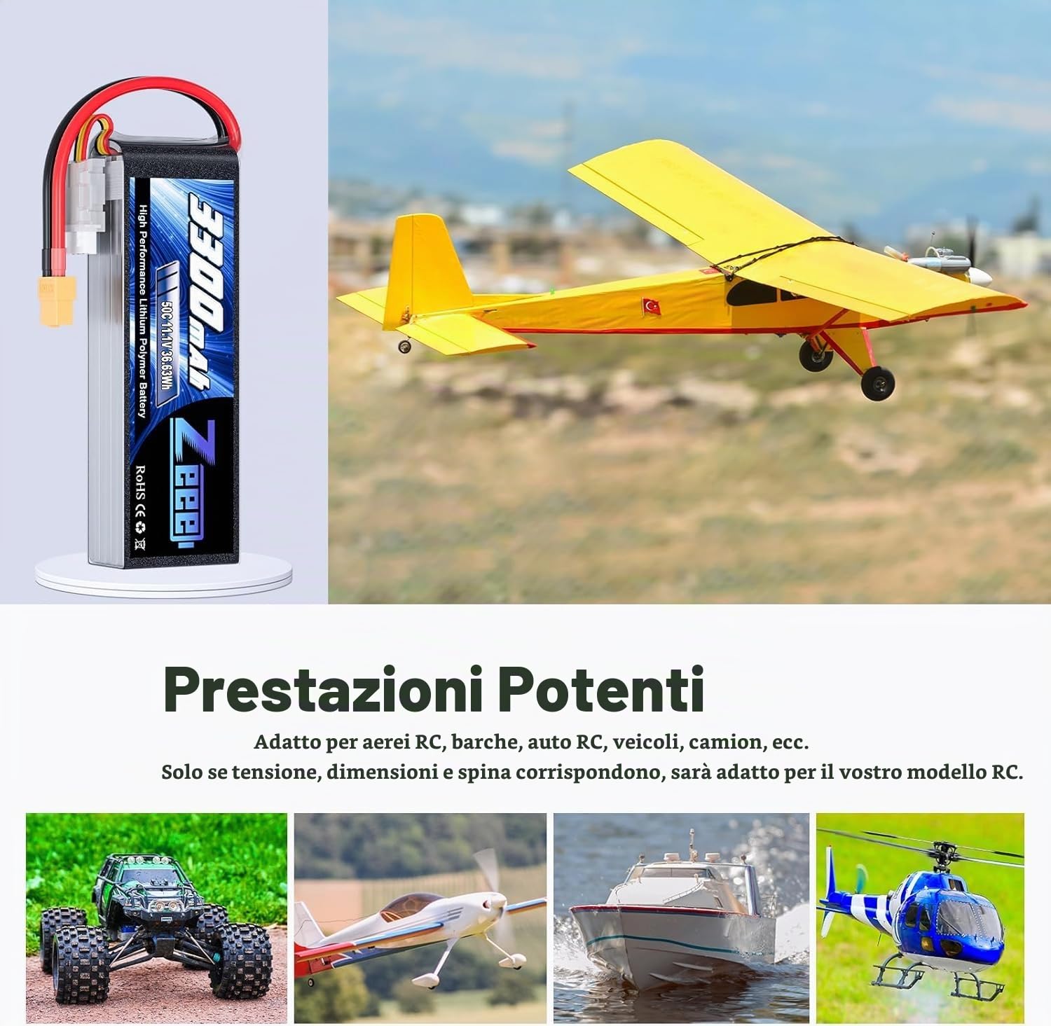 Zeee 3S Lipo 3300mAh 11.1V 50C Batteria RC con spina XT60 (2 pezzi) | per auto RC, aereo RC, elicottero RC, hobby RC