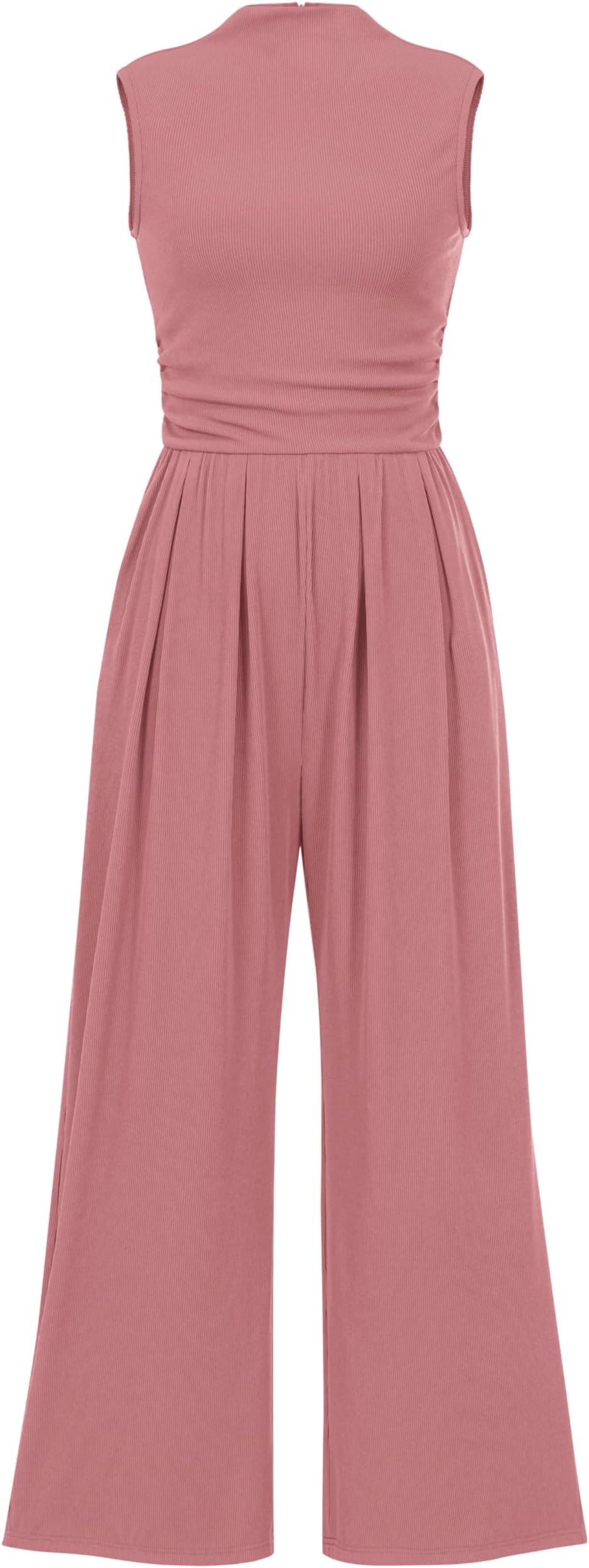 Womens Summer Jumpsuits Dressy Casual One Piece Outfits Sleeveless Mock Neck Wide Leg Pants Rompers with Pockets