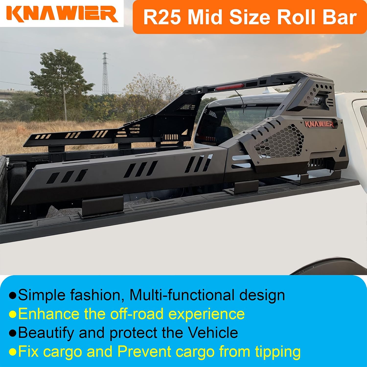 R25 Roll Bar for Mid Size Truck, Adjustable Modular Sport Bar/Chase Rack Compatible with Tacoma/Gladiator/Canyon/Ranger/Colorado/Frontier,Include Red Tail Light,700Ibs Capacity,No Drilling