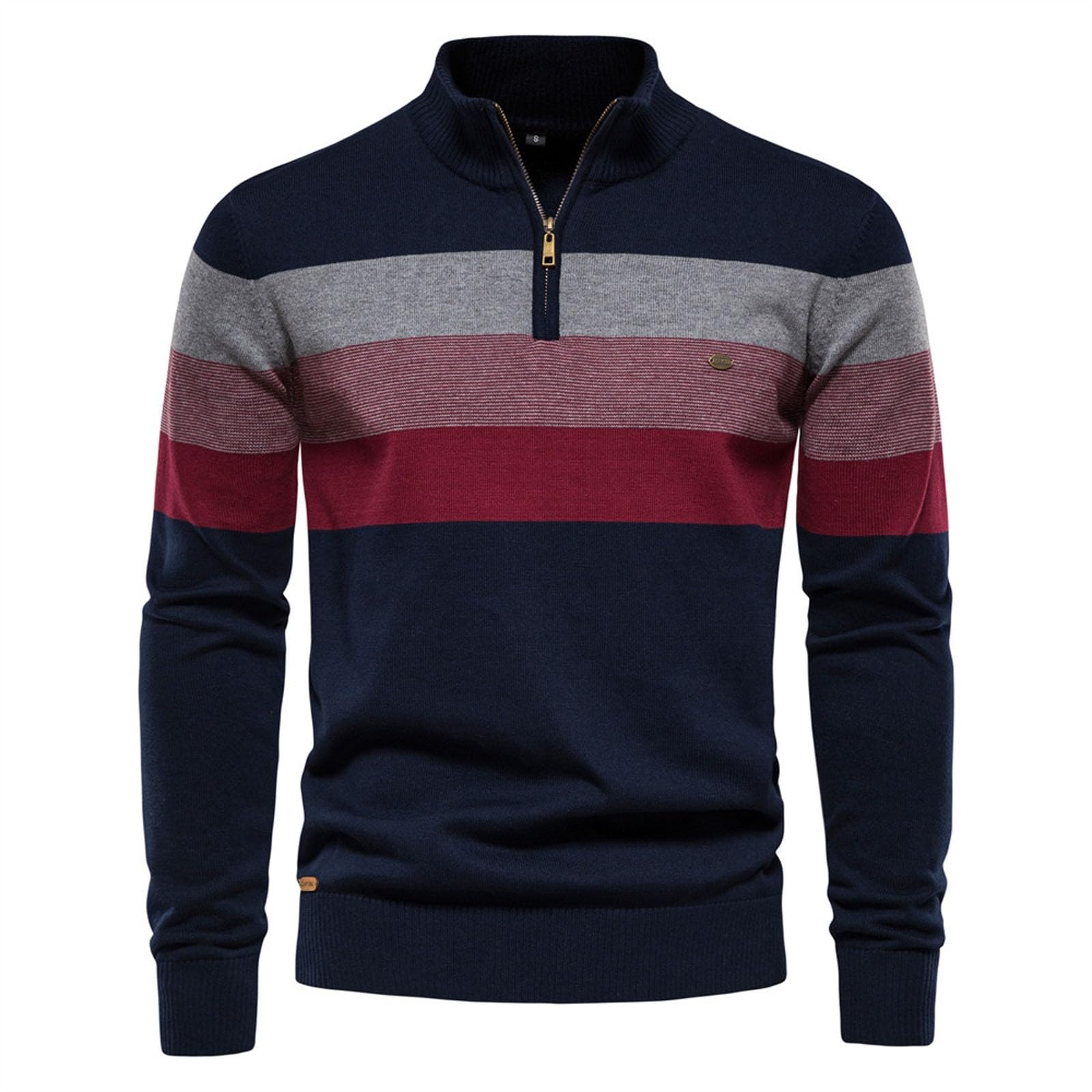 Maglione da uomo Troyer in cotone a righe grossolane con colletto alto e chiusura lampo
