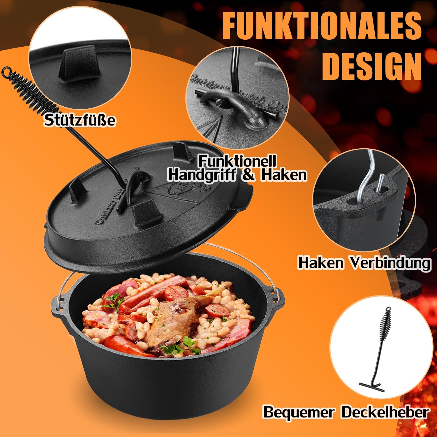 Dutch Oven, Dutch Oven Set 9 liter, Eingebrannter Feuertopf mit Deckelheber, 2in1 Gusseisen Topf mit Doppelfunktions-Deckel, Für Outdoor and Indoor, Schwarz