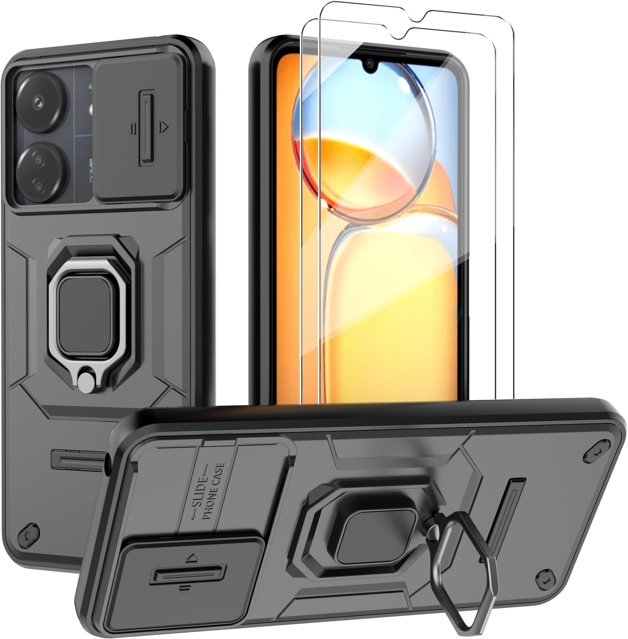 for Xiaomi Redmi 13C / Poco C65 Case Cover with Screen Protector [2 PACK] Built Slide Camera Protection Cover,Military Heavy Duty Protective Phone Case - Black