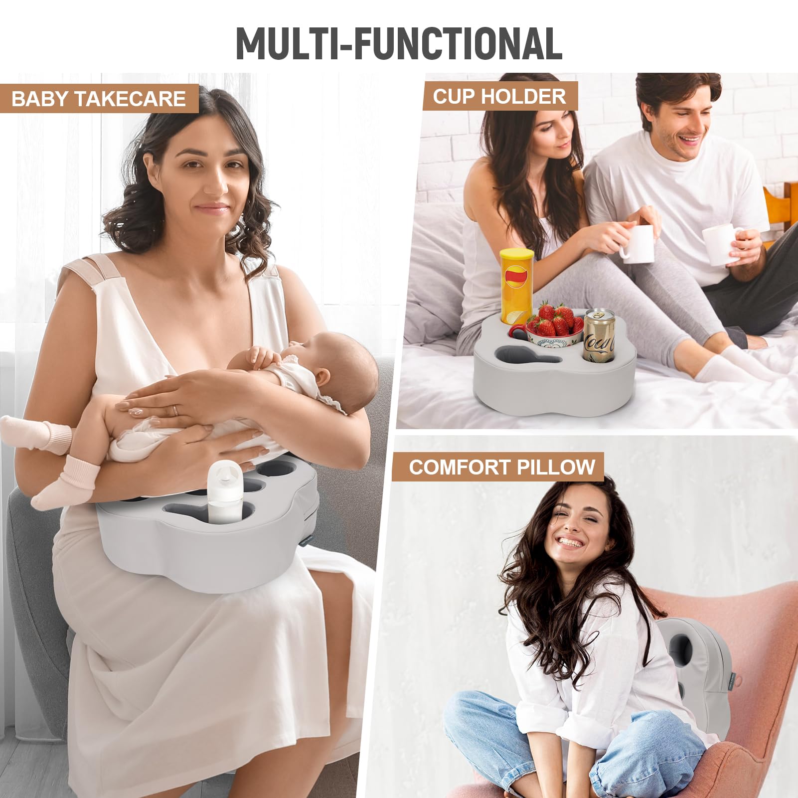 Cuscino Portabicchieri Per Divano E Letto - Vassoio Multiuso Per Bevande, Snack E Telecomando, Grigio