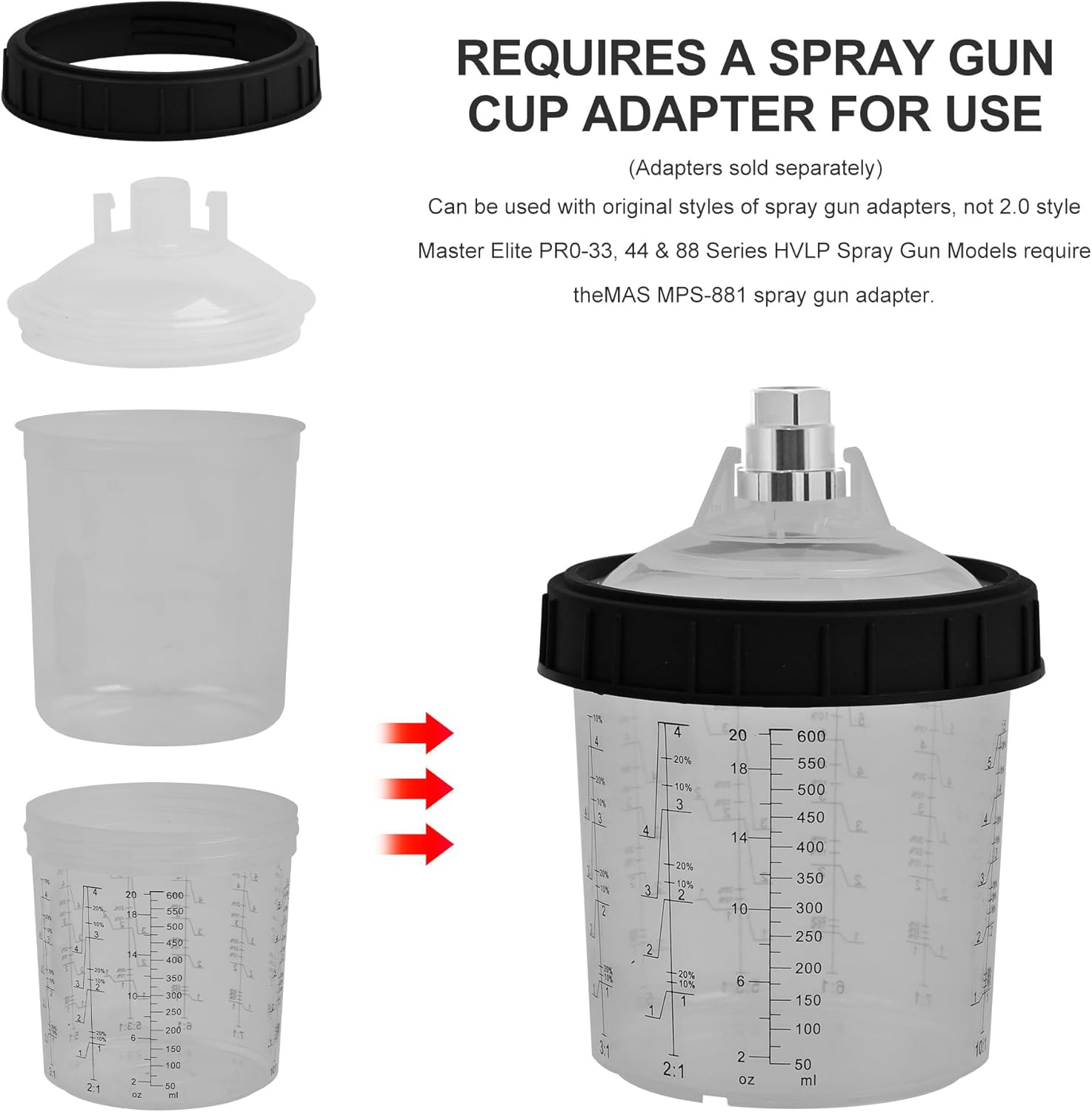 Disposable Paint Spray Gun Cup Liners and Lid System (20 Ounce Cup Kit)