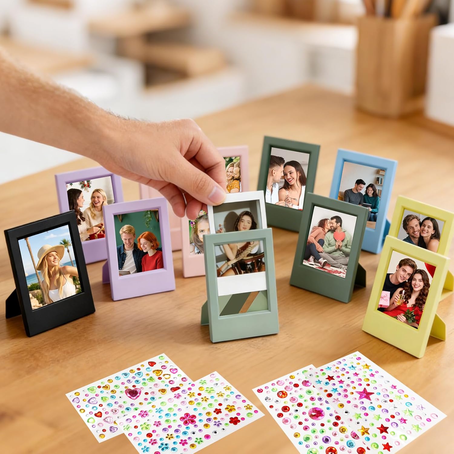 24 Pcs Polaroid Picture Frames and 8 Gem Stickers, 2''x3'' Frame for Fujifilm Instax Polaroid Film 8 Colors Mini Photo Frame with Stand Small Wallet Size Picture Frame for Home, Office Tabletop
