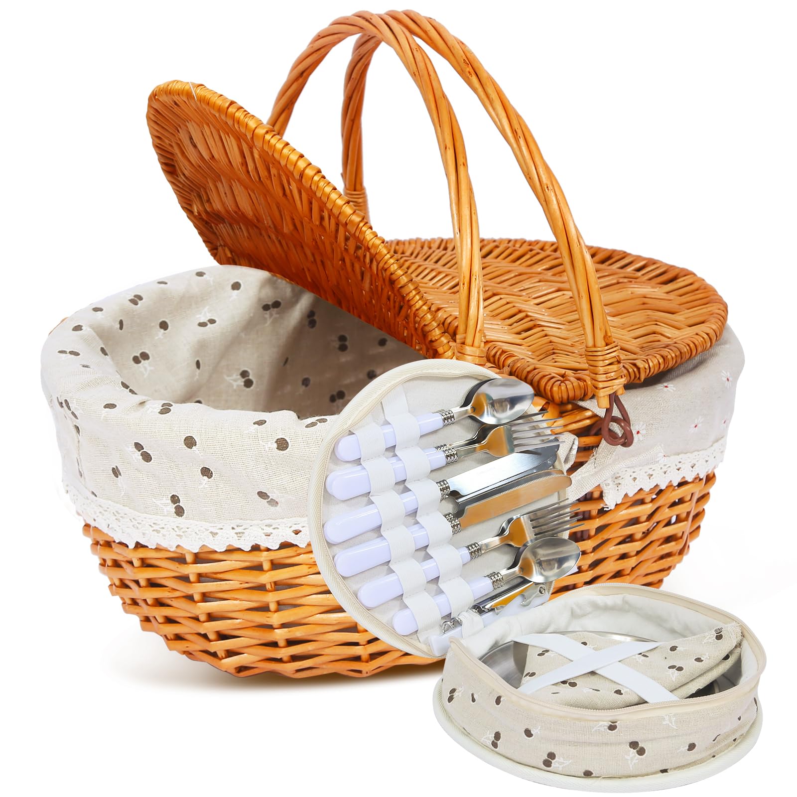 Picknickkorb-Set aus Weide für 4 Personen mit Deckel und Griff. Picknickkorb mit waschbarem Futter und Besteckset für Outdoor, Camping, Halloween, Weihnachten und Geburtstag