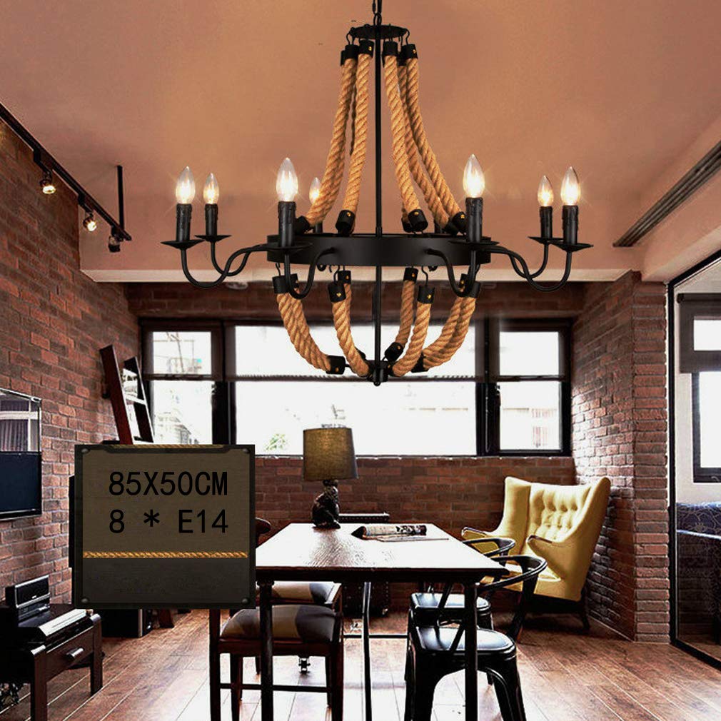 Rustikal Pendelleuchte Kronleuchter Schwarz industrial Vintage Hanfseil Hängelampe Esszimmerlampe Klassisch Retro Wohnzimmerlampe Landhaus Arbeitszimmer Lüster, 8-flammig E14, Höhenverstellbar, D85CM