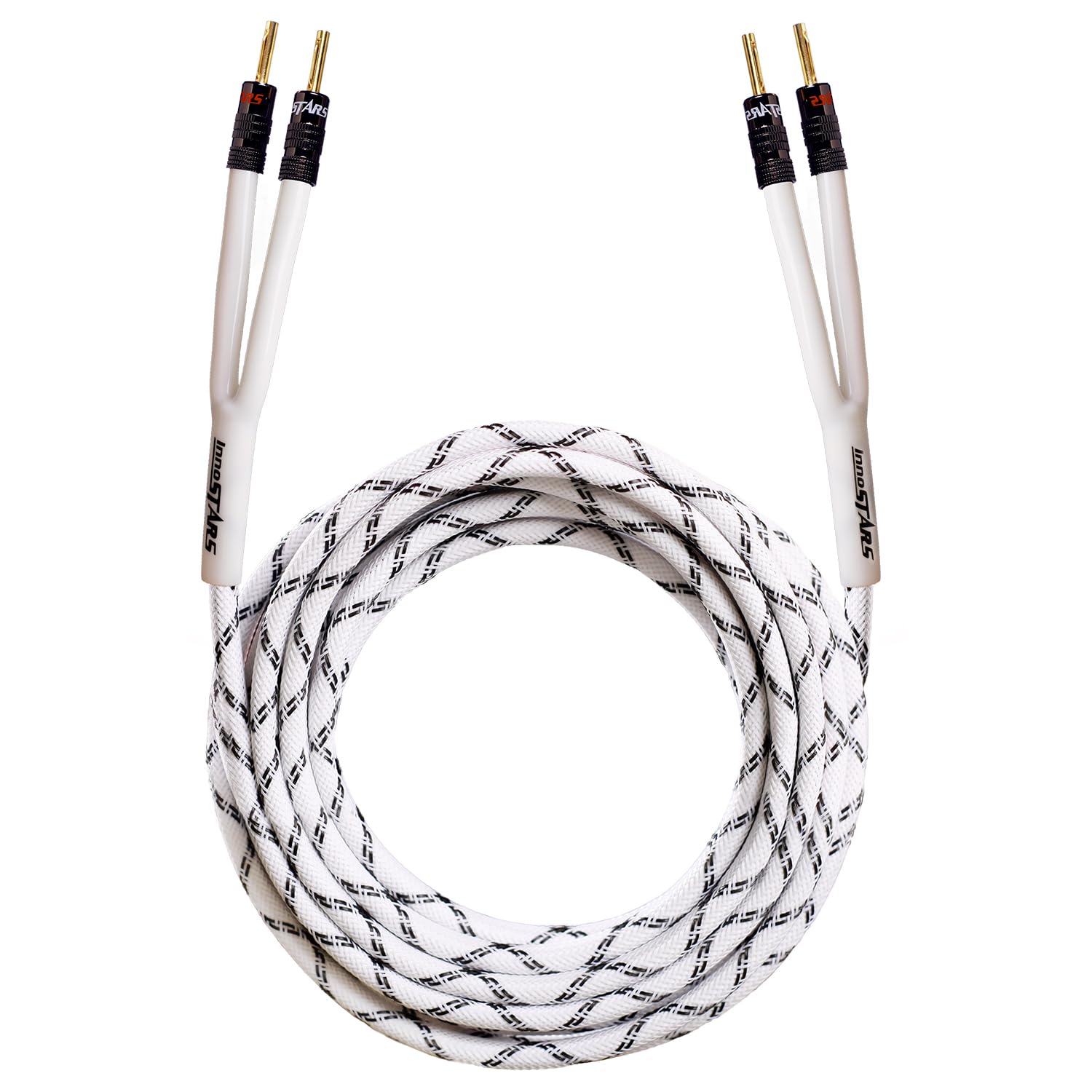 12 AWG Speaker Cable Wire with Banana Plugs, 12 Gauge Banana Wire for Bi-Wire Bi-Amp HiFi Surround Sound - 99.99% OFC Copper, Gold Plated Tips - White, 35 Ft