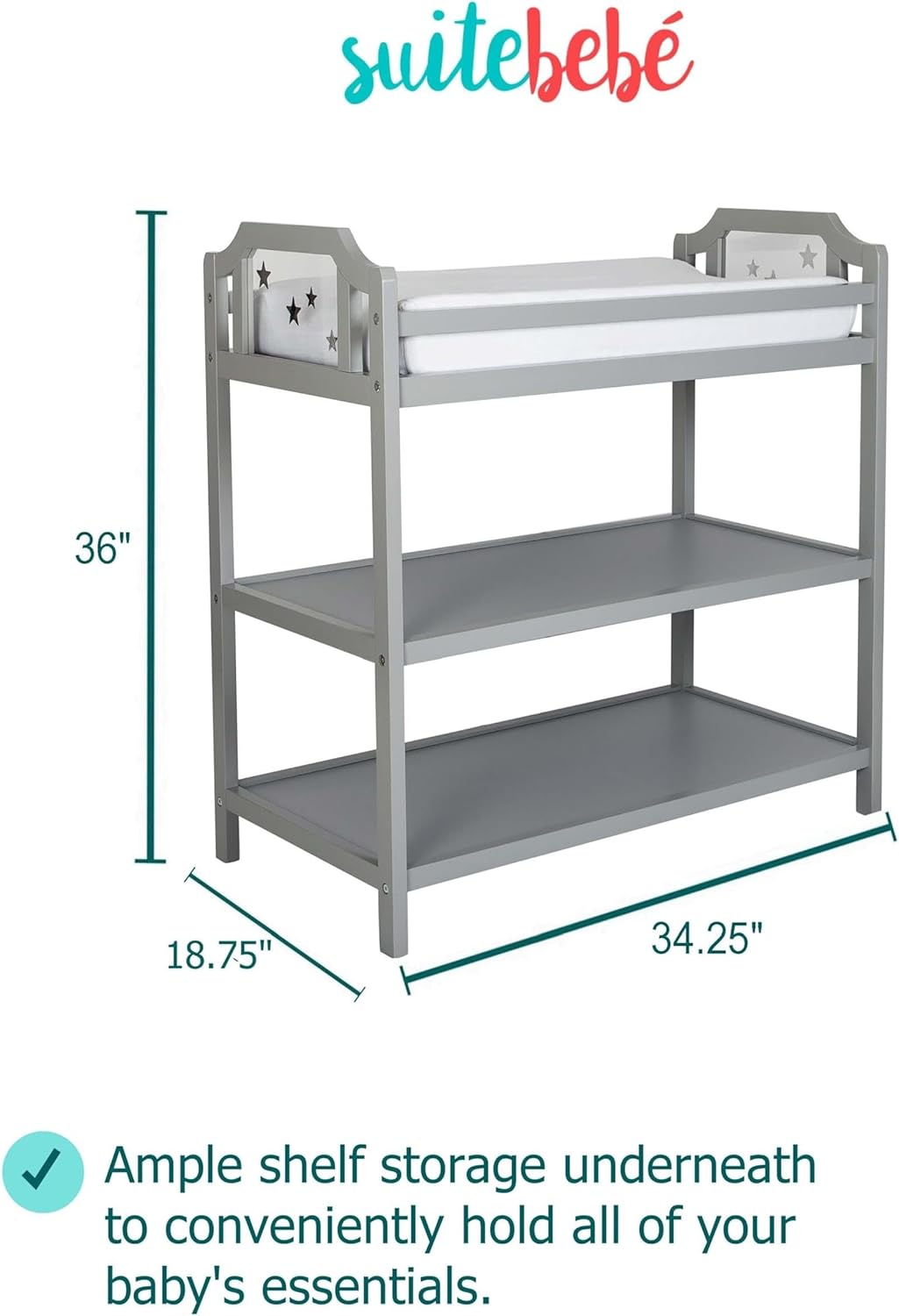 Pemberly Row Modern Wood Changing Table, Light Gray Finish, 36 in x 34.25 in x 18.75 in, Surrounding Safety Rail, Ample Shelf Storage, Nursery Furniture for Baby Essentials