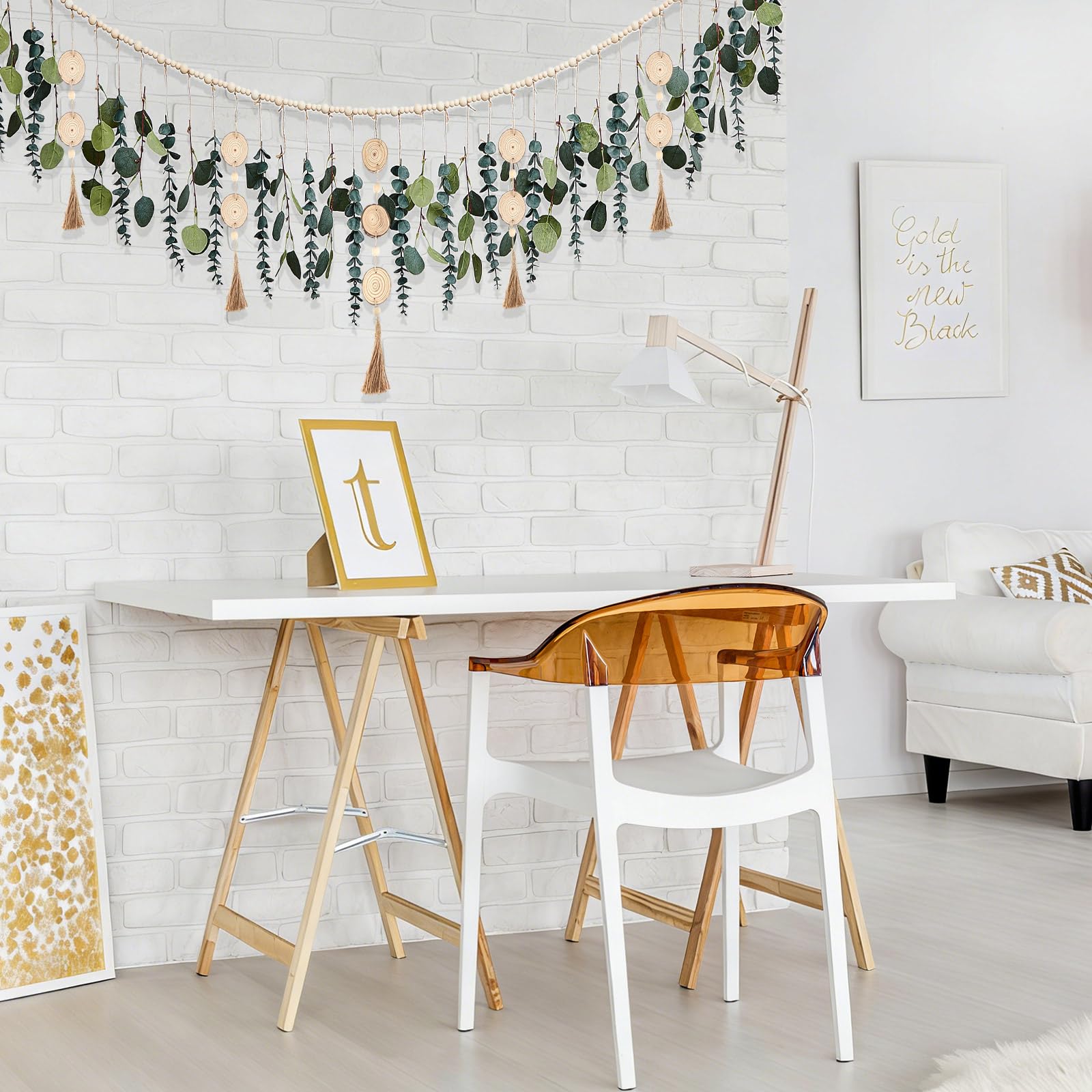 Juexica Künstliche hängende Eukalyptus-Wanddekoration, Boho-Schlafzimmer, Wanddekoration mit LED-Lichterkette für Zuhause, Büro, Bauernhaus, Kinderzimmer, Badezimmer, Küche (Holzperle)