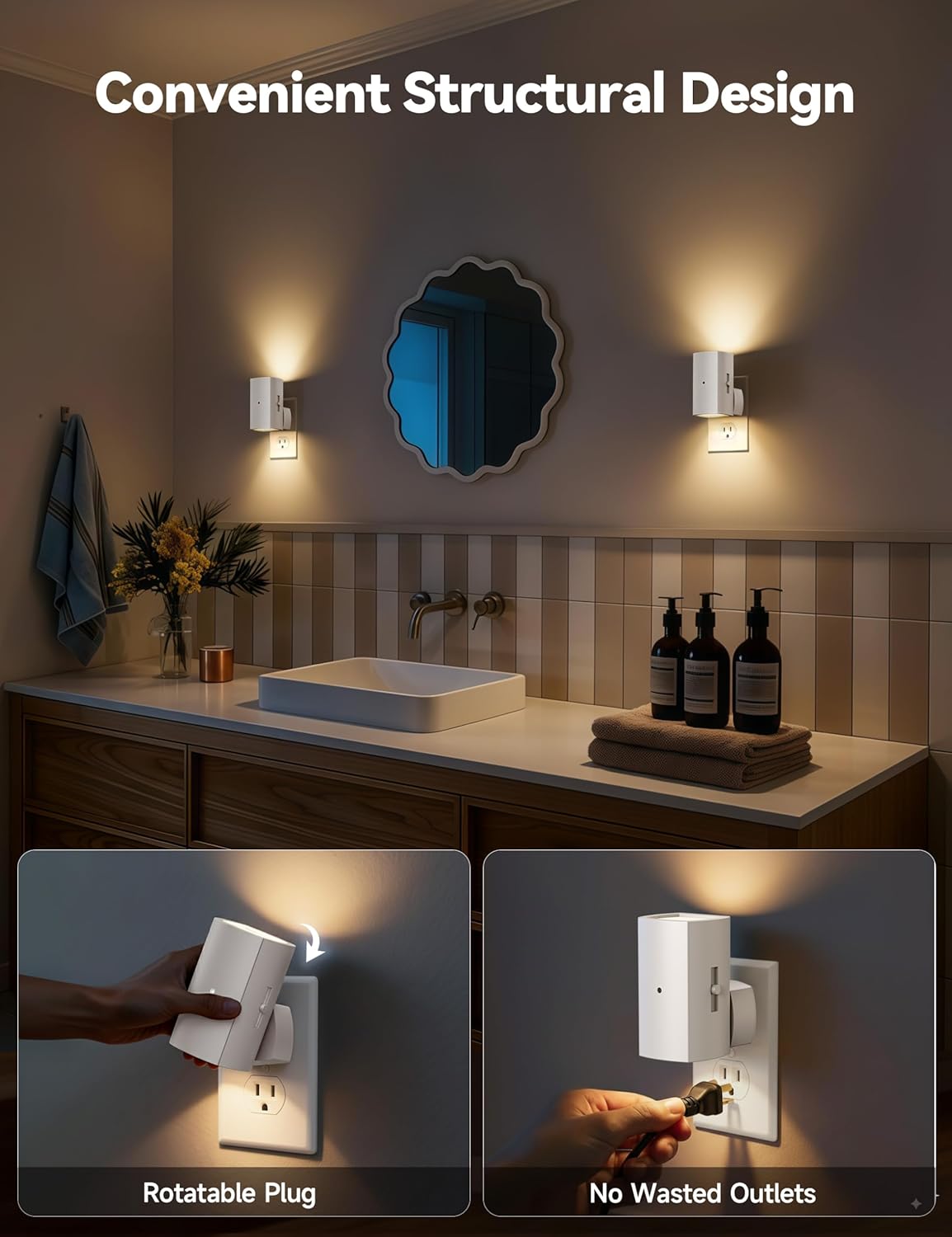 Brightown 2 Pack White Night Lights Plug into Wall, Modern Night Light with Rotating Plug, Dusk to Dawn Sensor, 0-100LM Stepless Dimming Aora Night Light for Hallway Bedroom Bathroom, Soft White