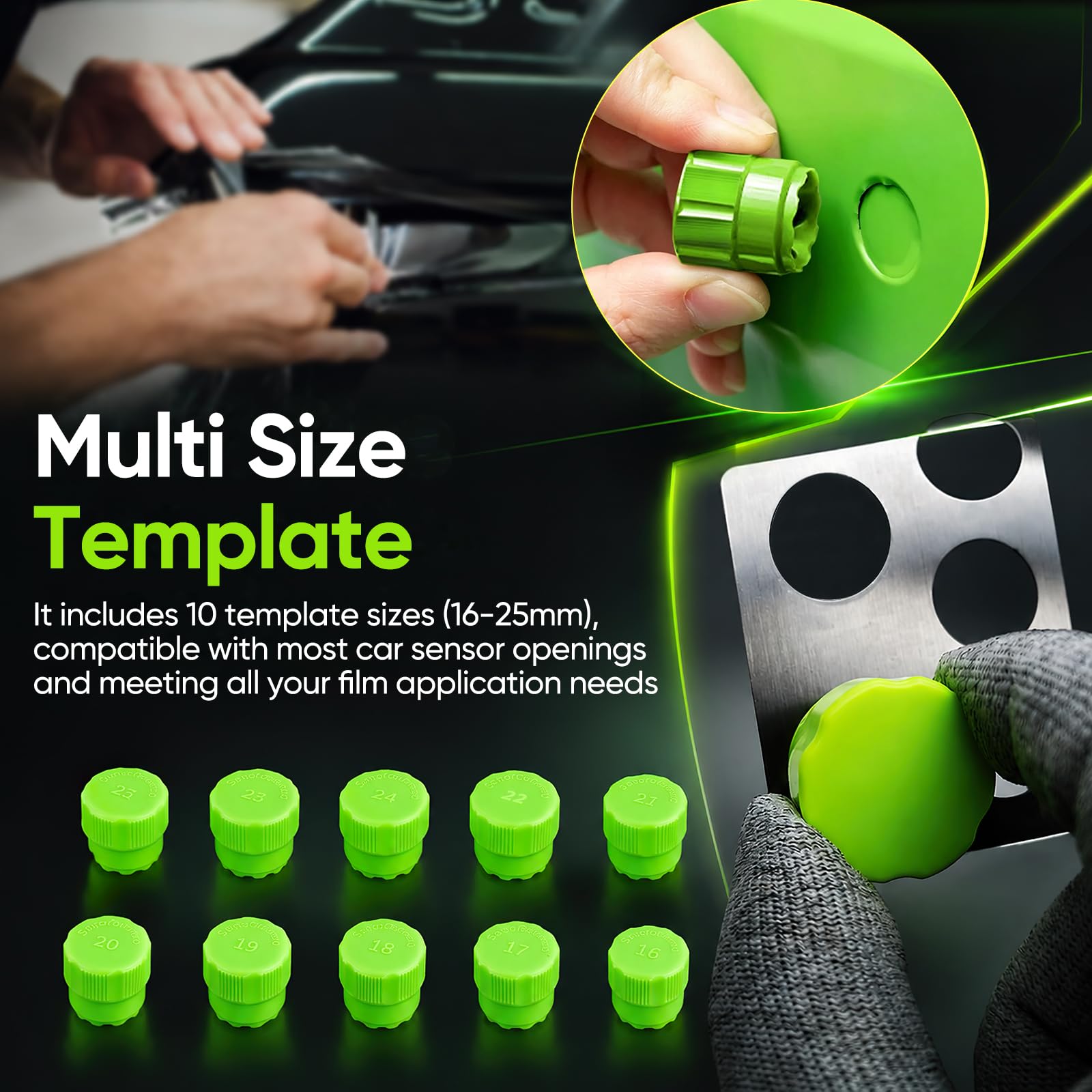 Sensor Cutter Kit, 16-25mm Parksensor-kit Lochfräser für PDC Sensoren Cutter Parksensoren Fahrzeugsensoren Kratzfester Bruchsicherer Autofolien Schablonenschneider In 10 Größen für Fahrzeugfolien