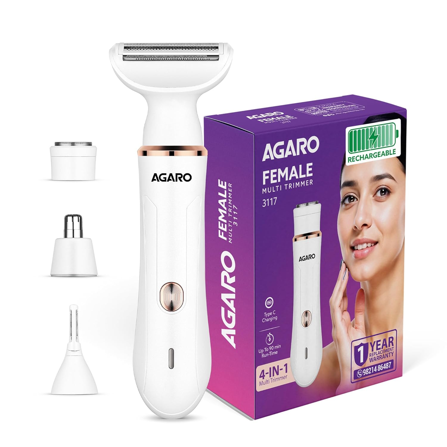 AGARO Female Multi Trimmer 3117 – Facial Hair Removal Machine, Bikini Trimmer, Eyebrow & Nose Hair Trimmer Painless body hair trimming. Type-C charging, up to 90 minutes runtime,White.