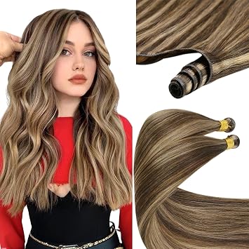 وصلات شعر Sunny Hair Genius Weft مع وصلات شعر Machine Weft، لون بني غامق، لون بني كراميل، 18 بوصة، 160 جم