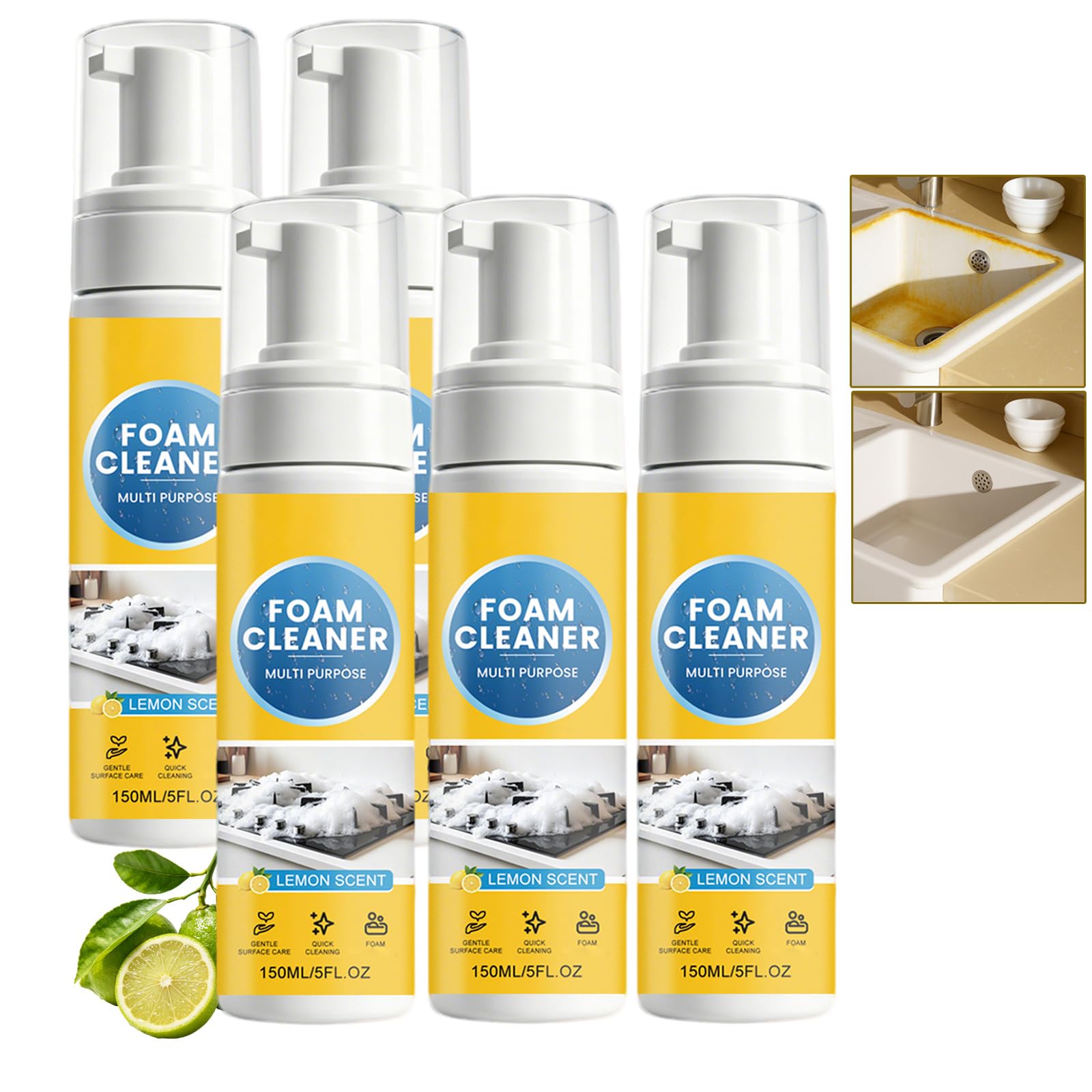 Mehrzweck-Schaum-Reinigungsspray, Allzweck-Reinigungsschaum mit Zitronenduft für Küche, Bad und Autoinnenraum, entfernt Fettschmutz und Flecken, Mehrflächenreiniger (5pcs)