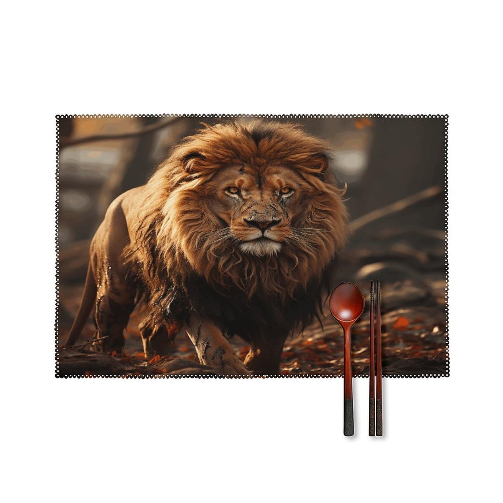 Lion Image Placemats Set of 6 Non-Slip Stain Resistant Indoor Outdoor Table Mat Washable Cloth Place Mat Fashion Kitchen Placemat for Dining Table Decoration 17.7x11.8 in