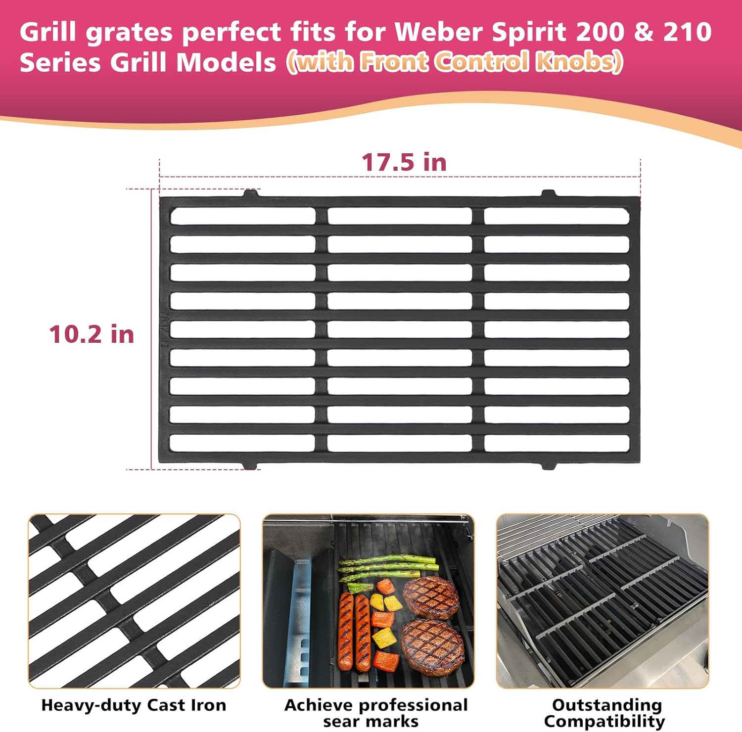 7635 15.3" Flavorizer Bars & 7637 17.5" Cast Iron Cooking Grates for Weber Spirit I & II 200 Series Gas Grills, E210, S210, E220, S220 with Front Control, Replacement Parts for Weber Spirit
