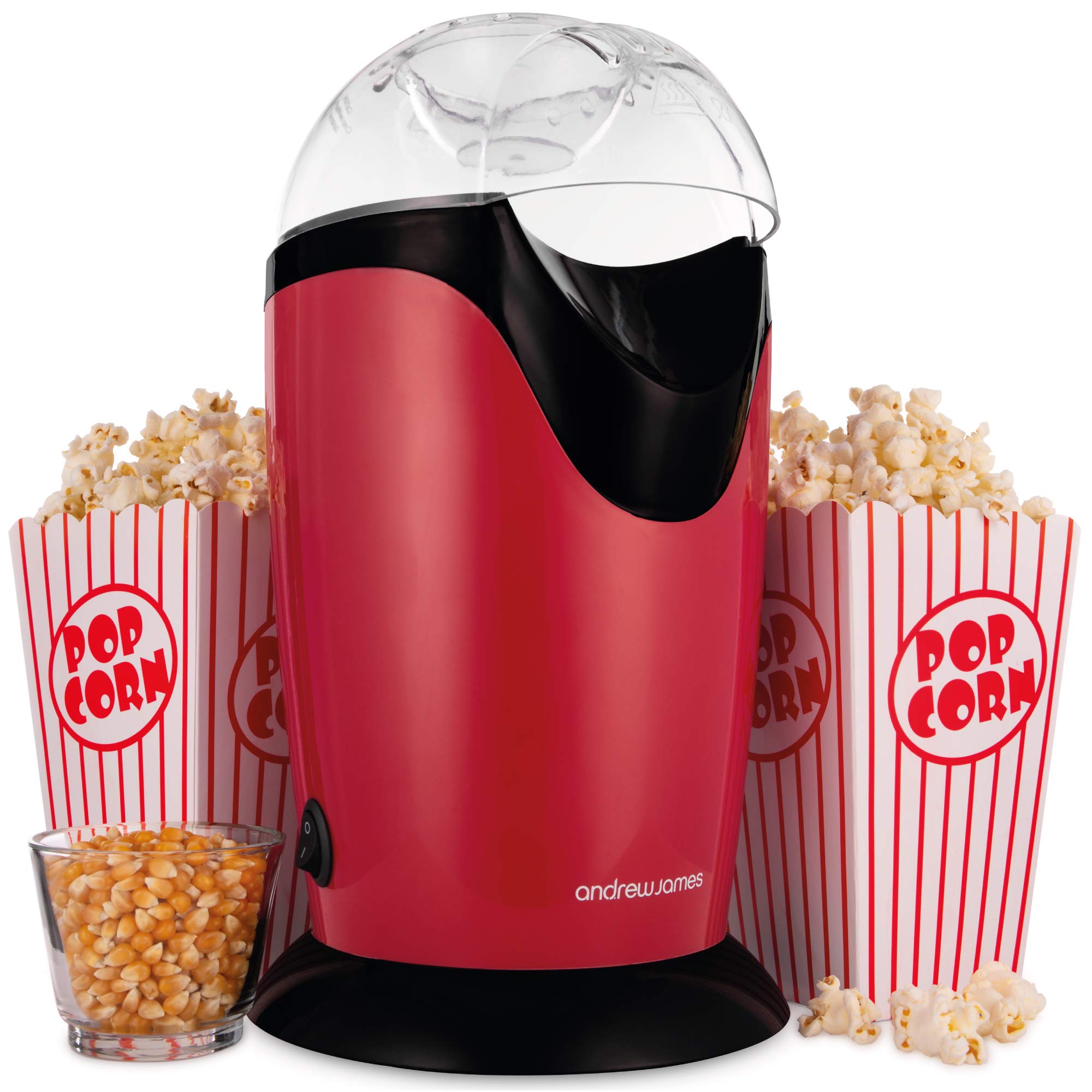 andrew jamesPopcorn Maker Machine, Healthy Air Popper, Popcorn Machine with 8 American Cinema Style Boxes, 1200W, Red