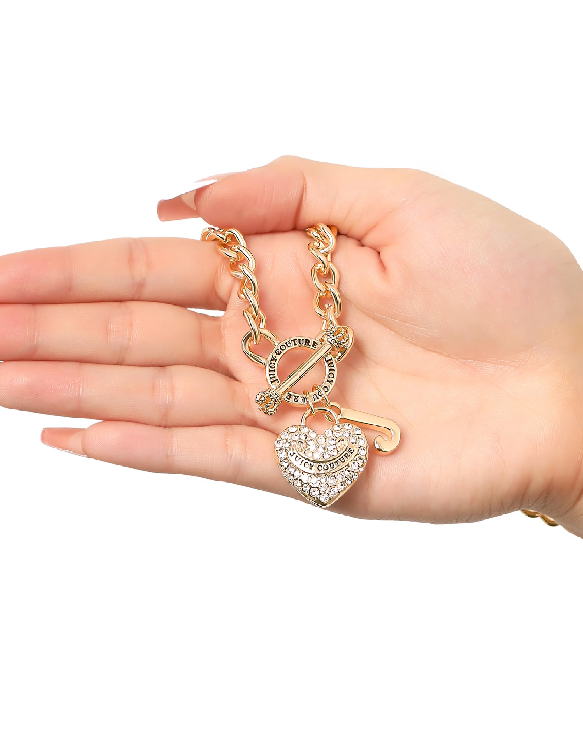 Juicy Couture Necklace Gold Tone 18"+2", Heart and Juicy Logo Charm Necklace for Women with Clear Stones
