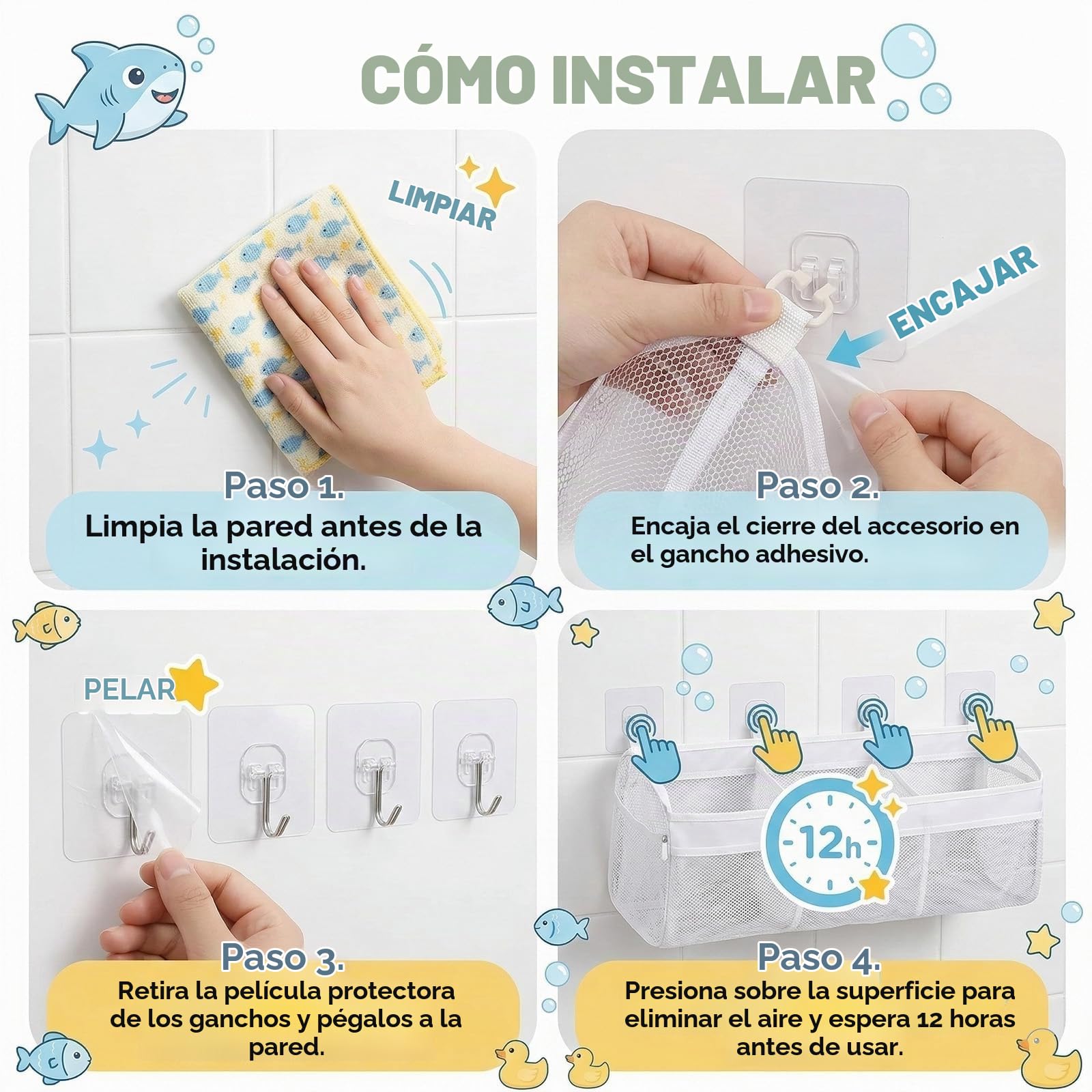 Bolsa de Almacenamiento para Juguetes de Baño de 3 Compartimentos - Malla Transpirable con 3 Ganchos Adhesivos, para Mantener el Baño Ordenado, Organización y Clasificación de Juguetes