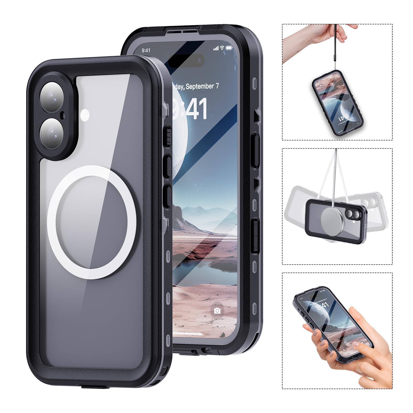 Funda Magnética para iPhone 16/16 Plus/16 Pro/16 Pro MAX, Funda Resistente Al Agua IP68, Protección con Sello Militar, Resistente Al Polvo,16Pro,Black