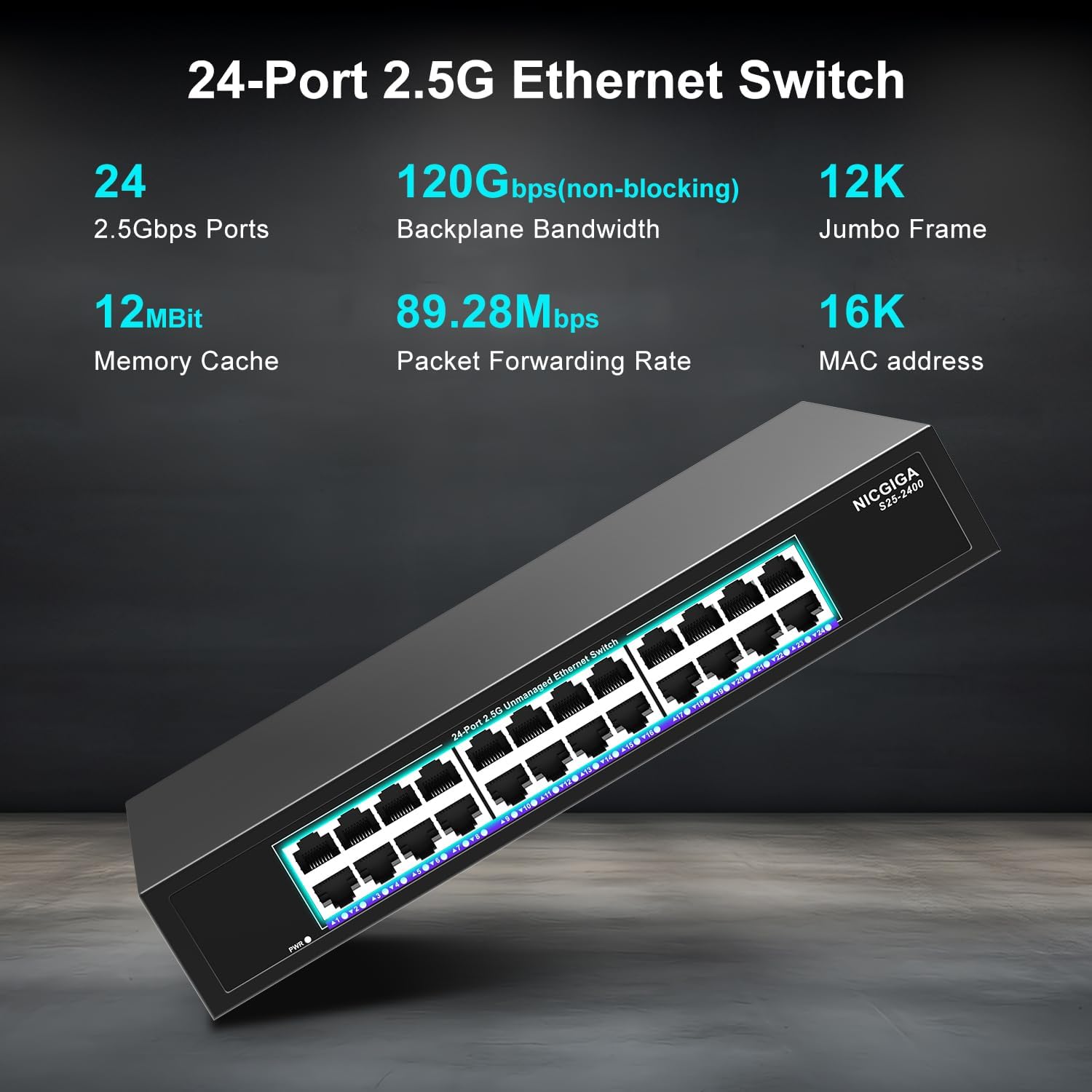 NICGIGA 24 Port 2.5Gb Ethernet Switch front and side view